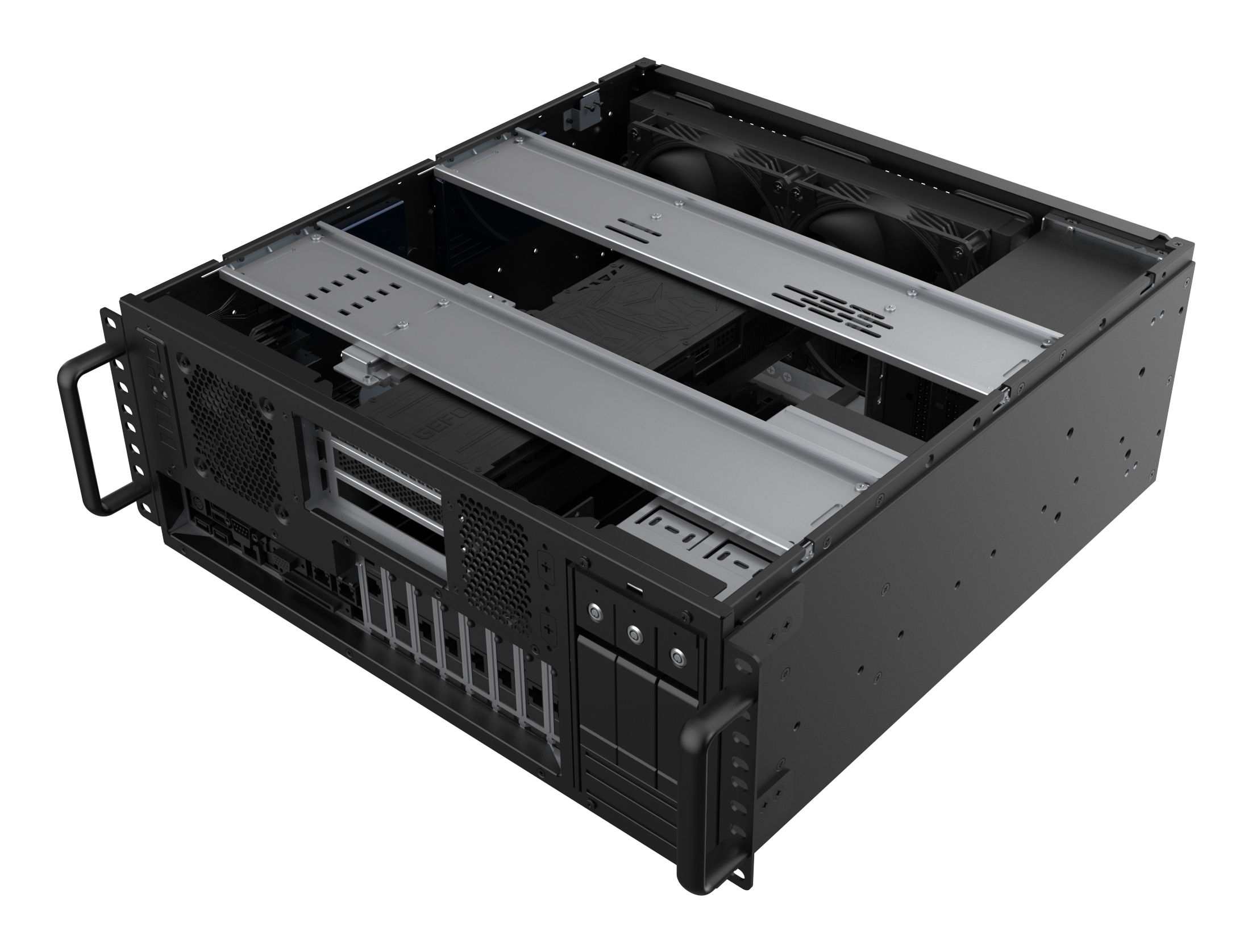 Un case per computer nero aperto, che mostra i componenti interni. Sono visibili delle guide argentate, l'interno è vuoto.