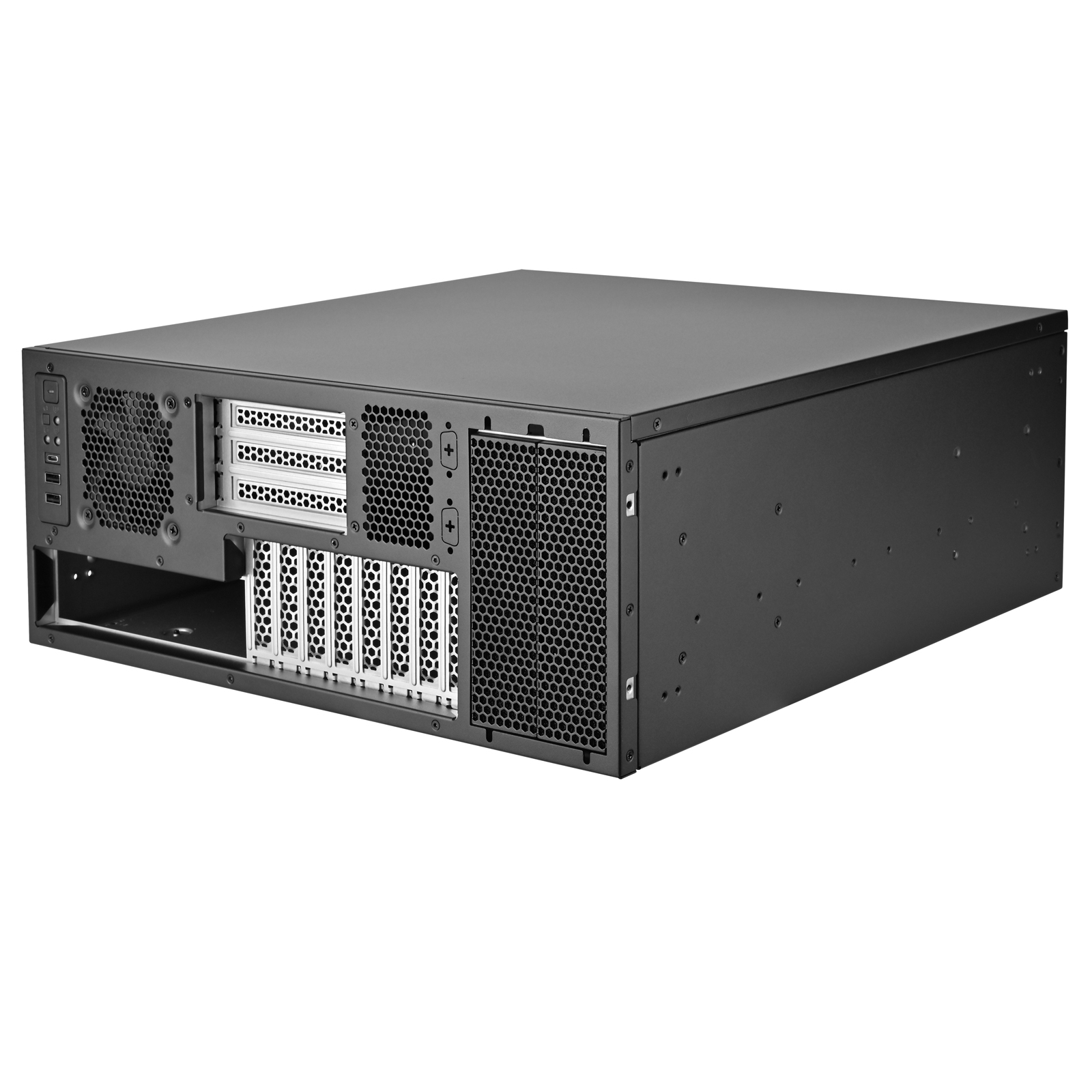 Un case per computer nero con varie aperture. Il retro del case è rivolto verso lo spettatore.