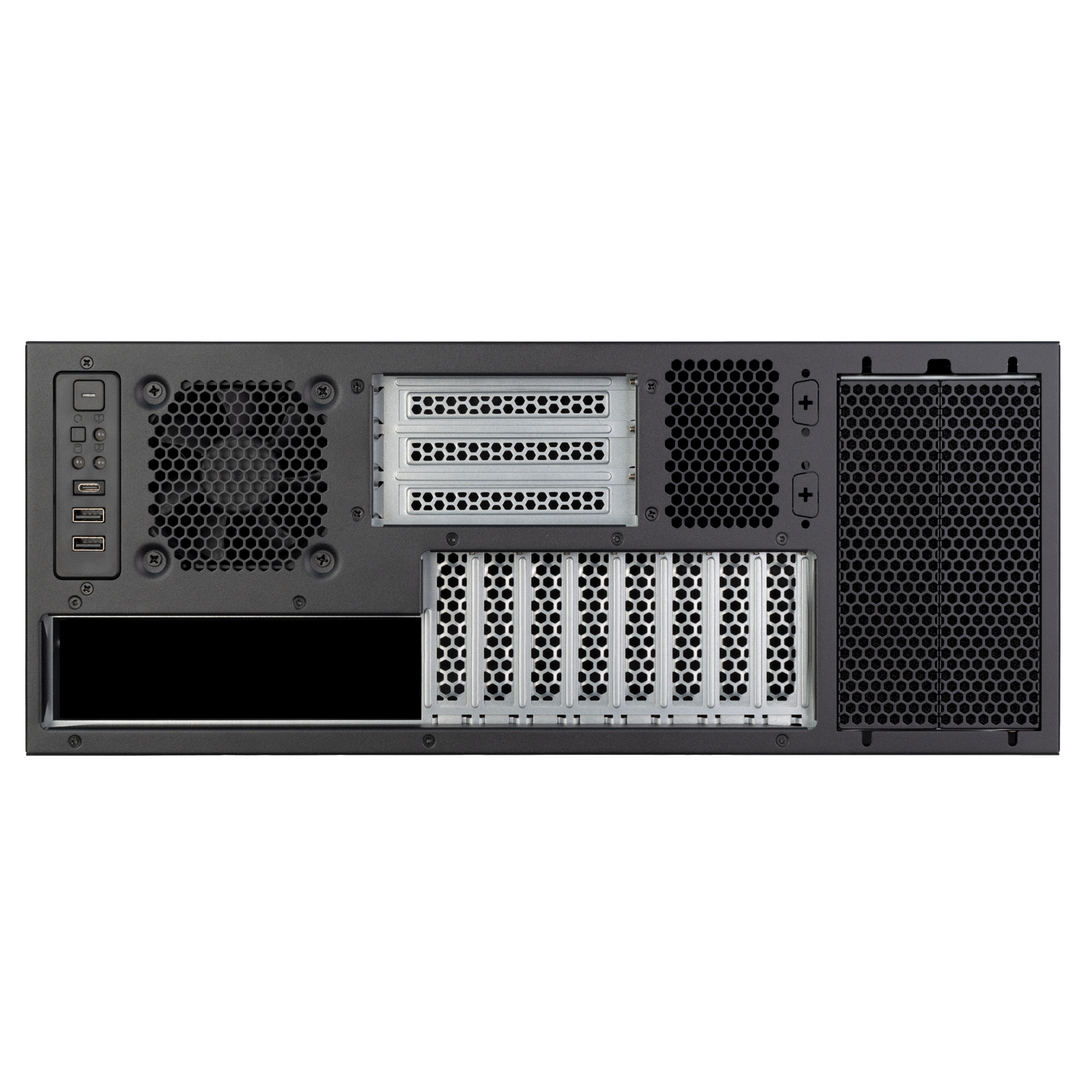 Il retro di un case per computer nero con molte aperture per componenti e prese d'aria.