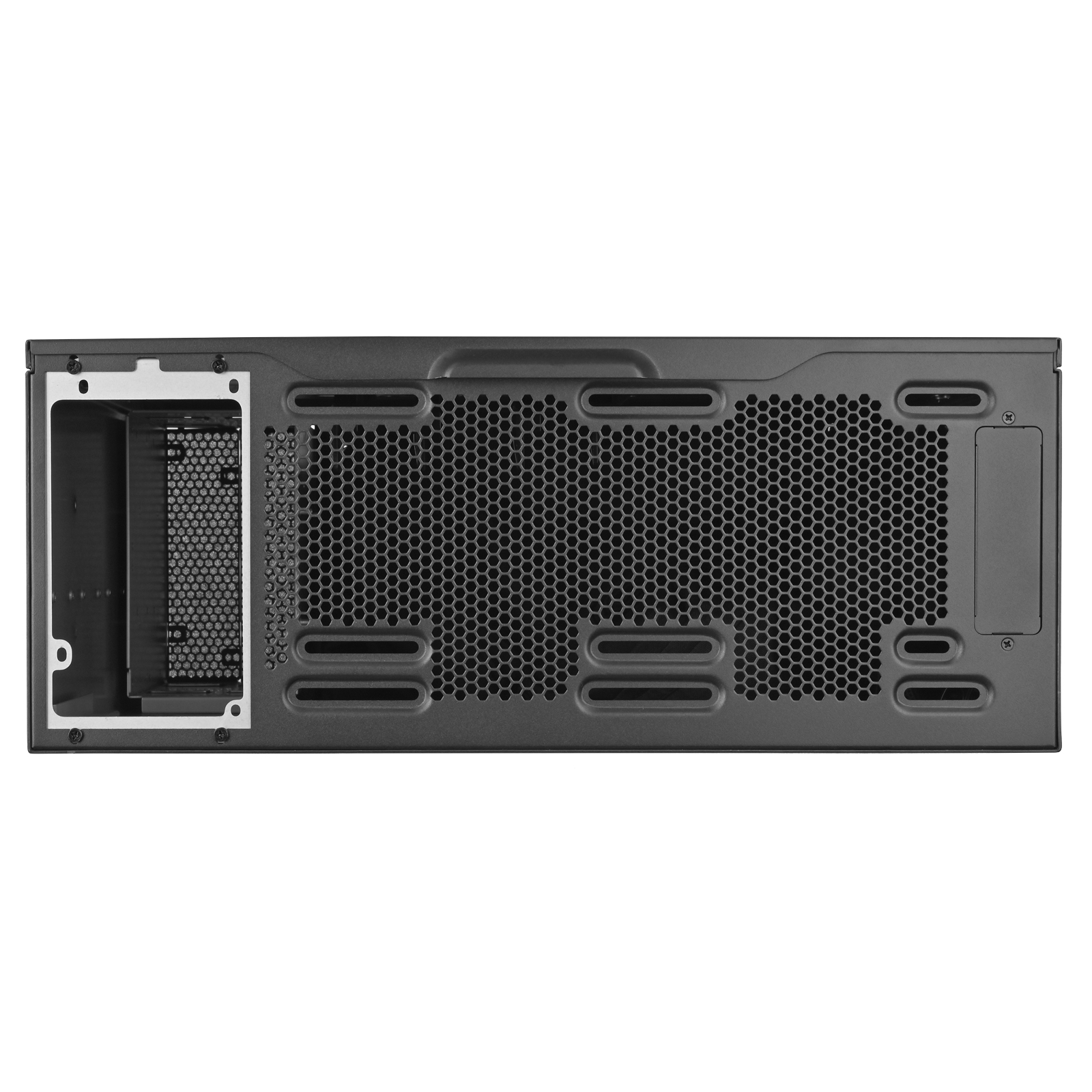 Il retro di un case per computer nero. Ci sono varie aperture per componenti e ventilazione.