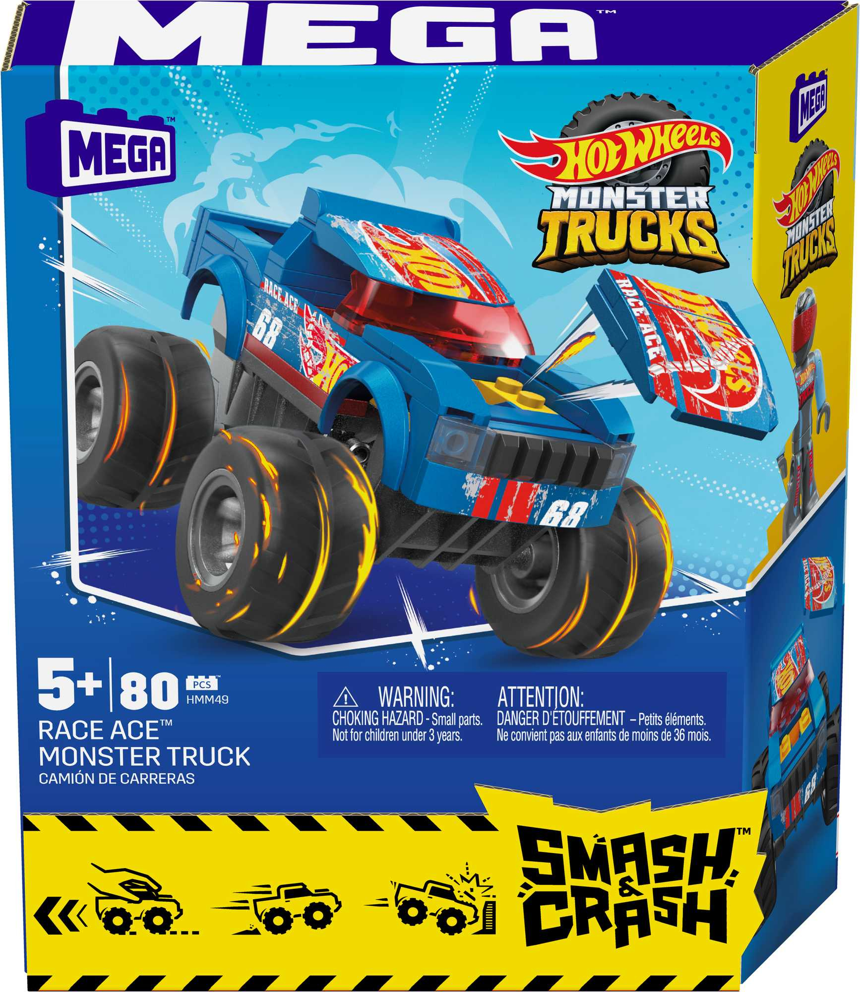 Una scatola di giocattoli di camion mostro Mega Hot Wheels. La scatola mostra un camion blu e un camion mostro.