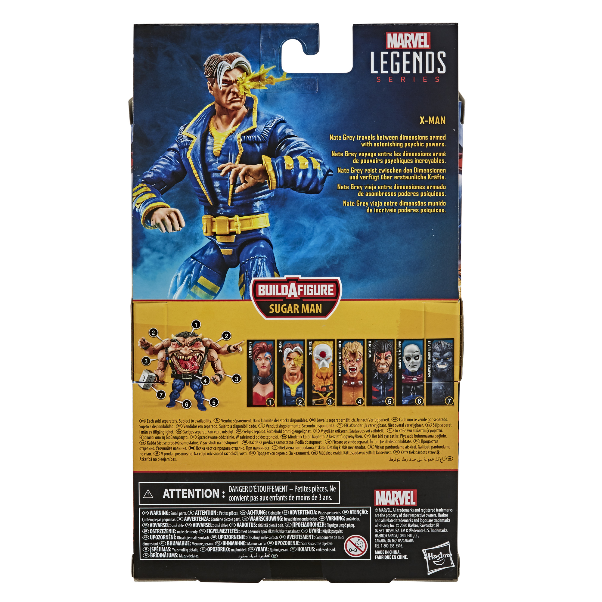 Il retro di una scatola di action figure Marvel Legends X-Men Nate Grey.