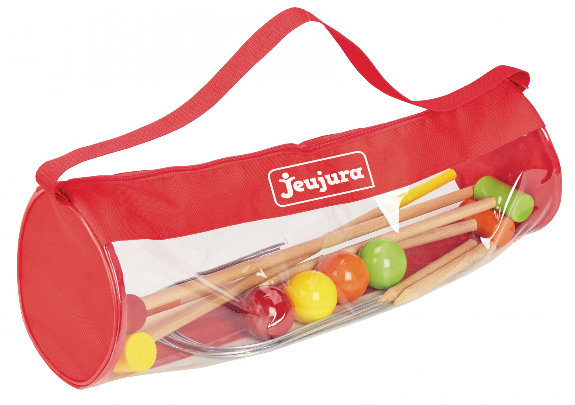 Borsa Jeujura rossa con set di croquet all'interno; palline colorate e mazze di legno.
