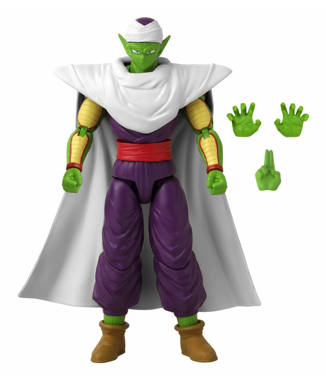 Figura de acción de Piccolo. Personaje de piel verde con pantalones morados y capa blanca. Viene con tres manos verdes.