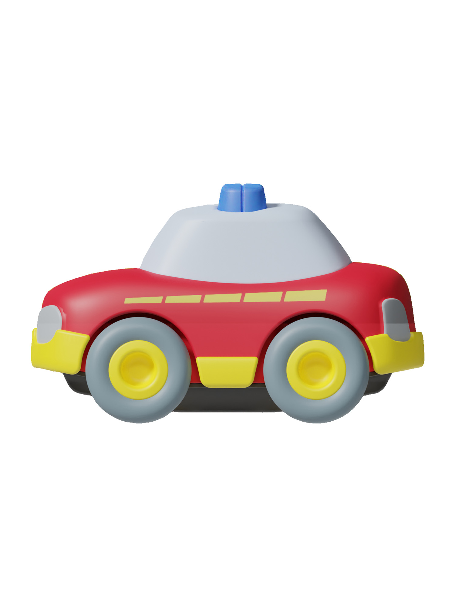 Rotes Spielzeugauto mit blauem Licht oben, gelben Rädern und weißem Dach.