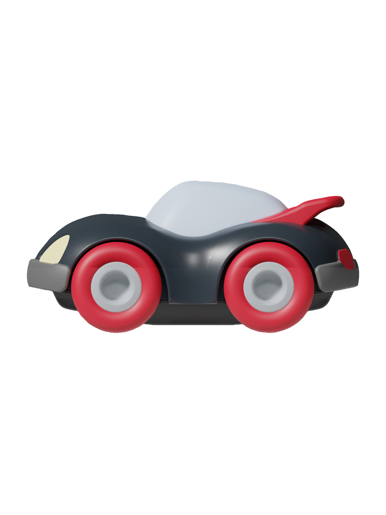 Ein schwarzes Spielzeugauto mit roten Rädern und einem roten Spoiler. Weißer Hintergrund.