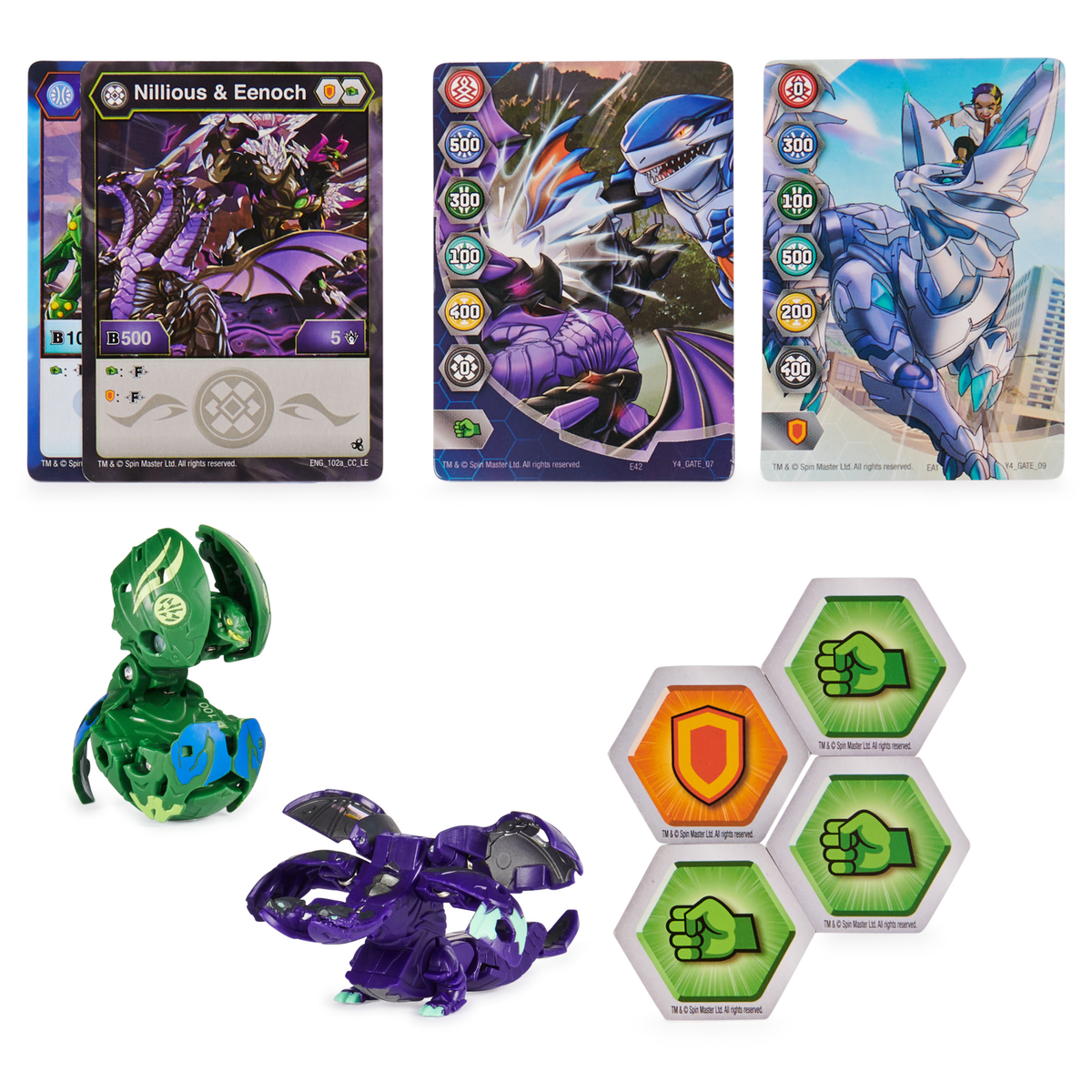 Bakugan-Karten und -Figuren. Karten zeigen Charaktere und Statistiken. Figuren sind in Kugel- und Kreaturenform.