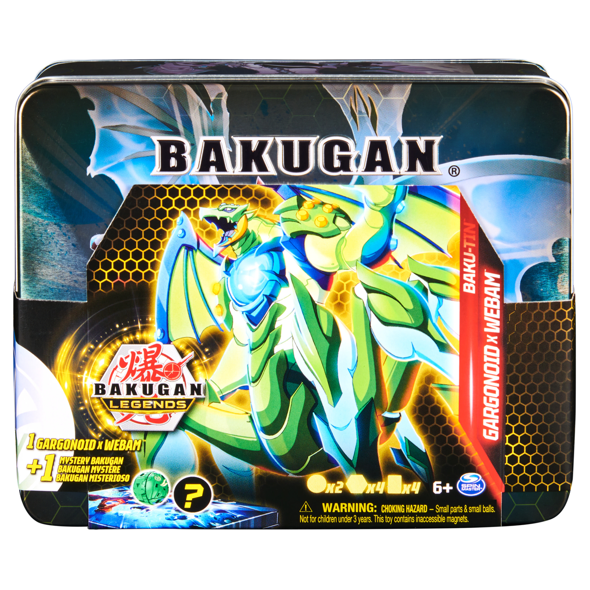 Eine Spielzeug-Metallbox mit Bakugan-Charakteren und Text. Schwarzer Hintergrund mit Metallic-Design.