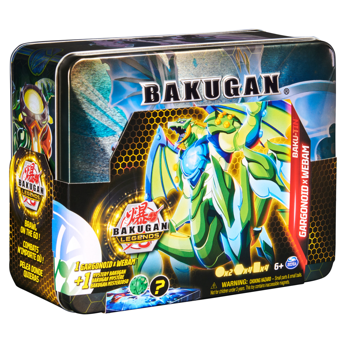 Bakugan-Box. Blechdose mit einer Bakugan-Figur darauf. Enthält eine Bakugan-Figur, Karten und Anweisungen.