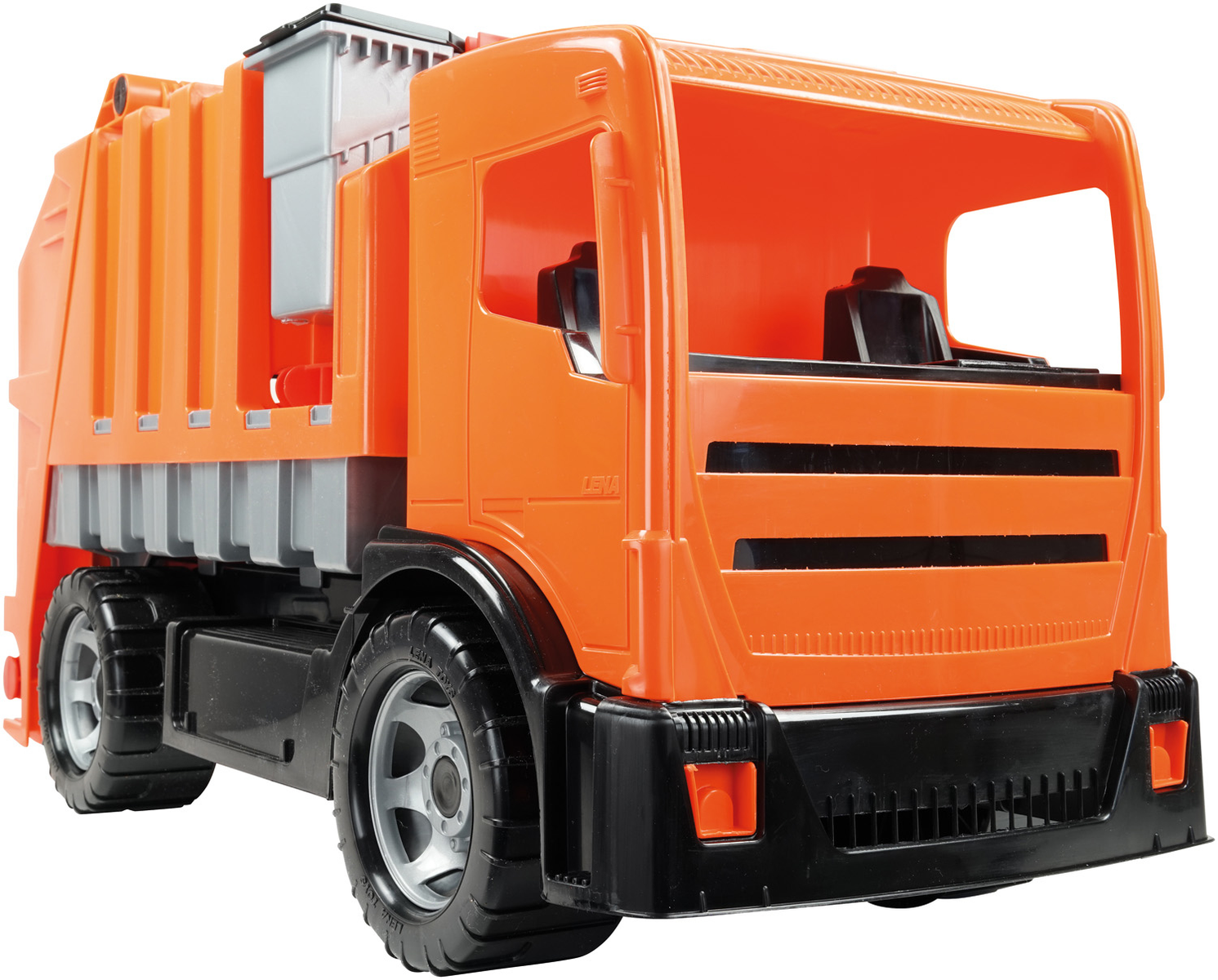 Orangener Spielzeug-Müllwagen, schwarze Details, sauberer weißer Hintergrund.