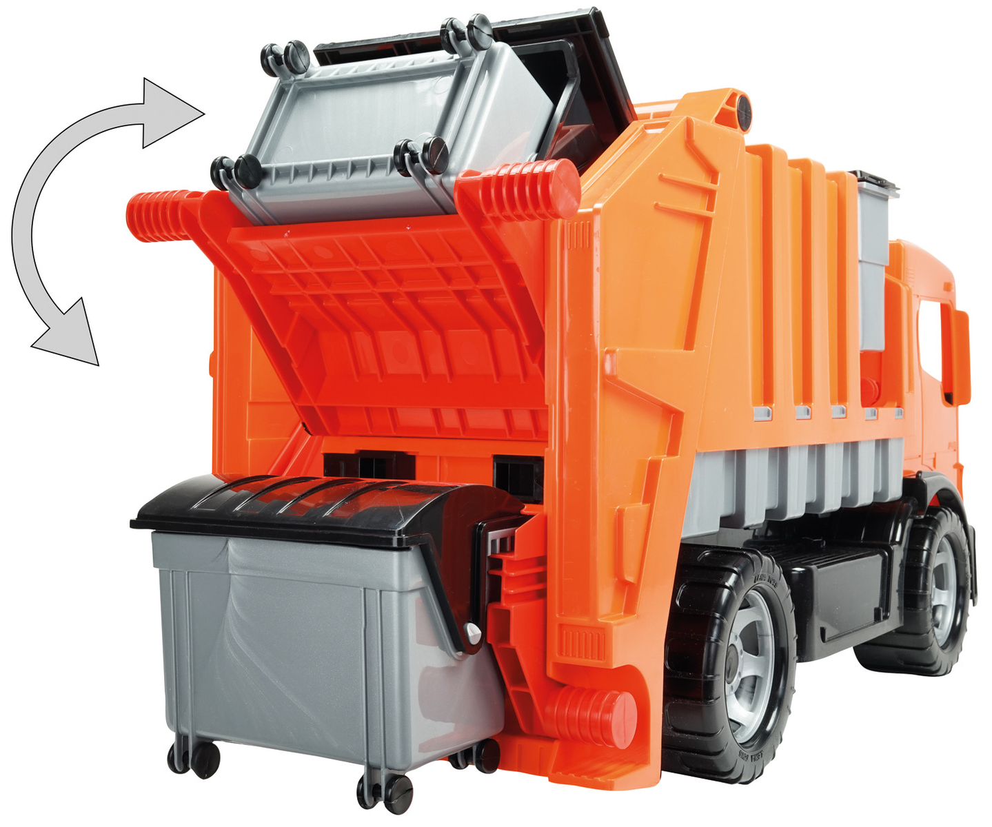 Orangener Spielzeug-Müllwagen, Container beladen, weißer Hintergrund.