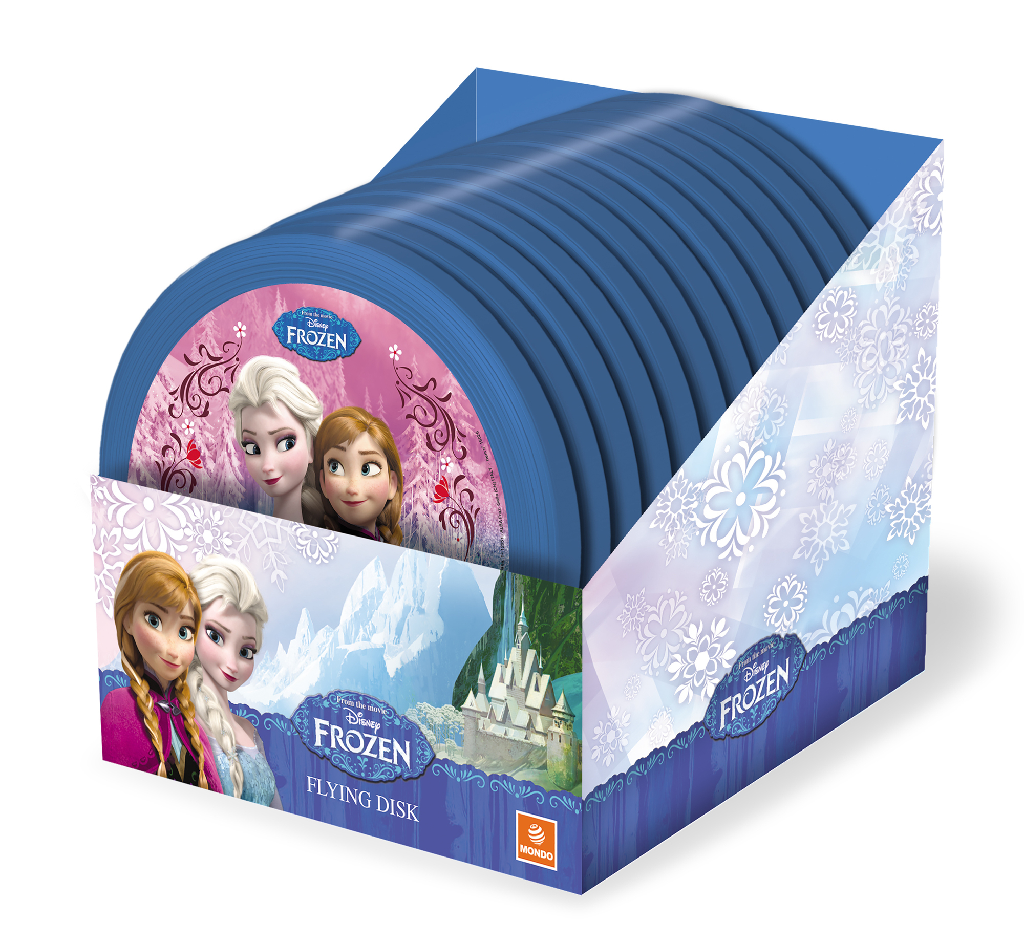 Discos voladores de Frozen en una caja azul, con Elsa y Anna.