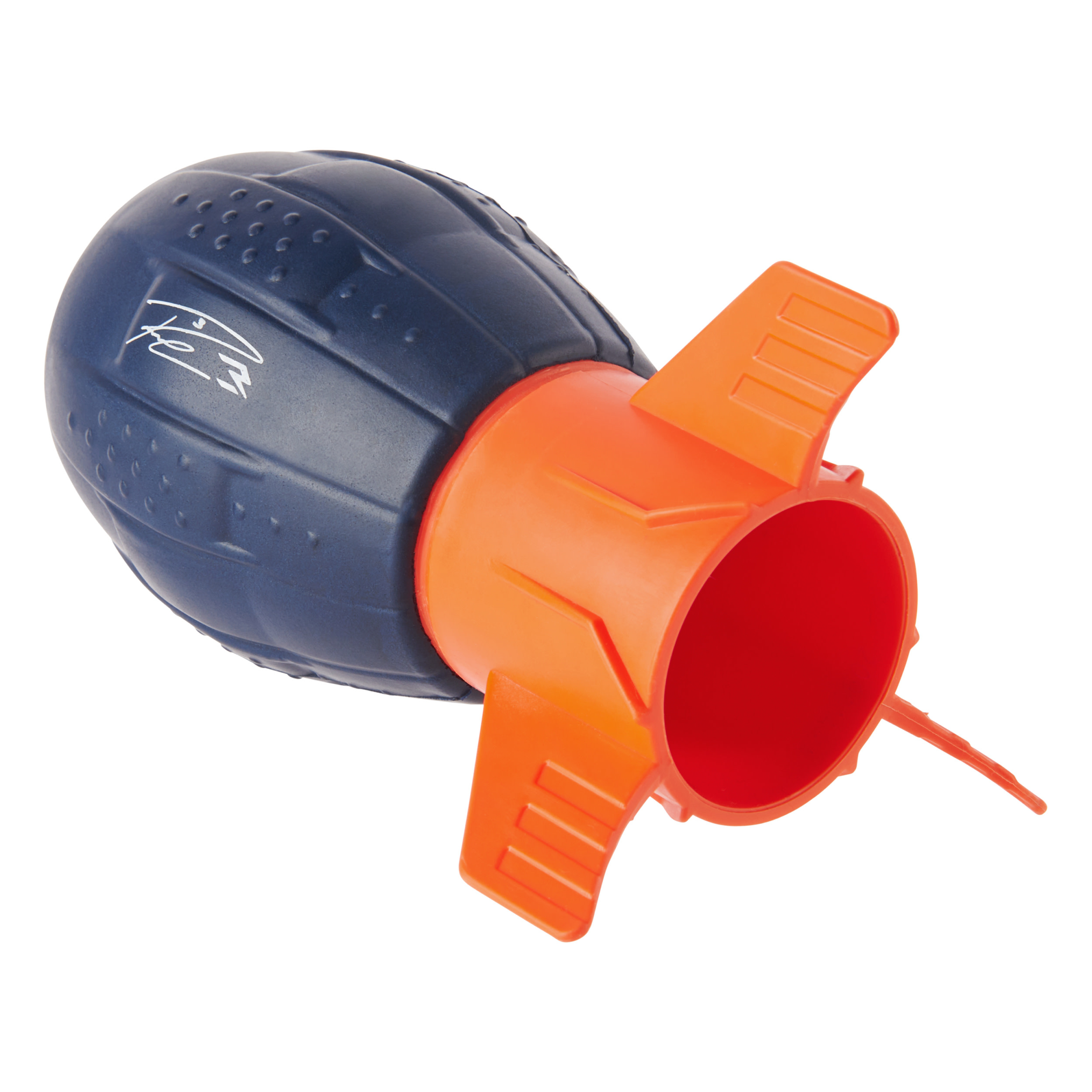 Granatowa zabawka z pomarańczowymi skrzydłami, przeznaczona do rzucania, na białym tle.