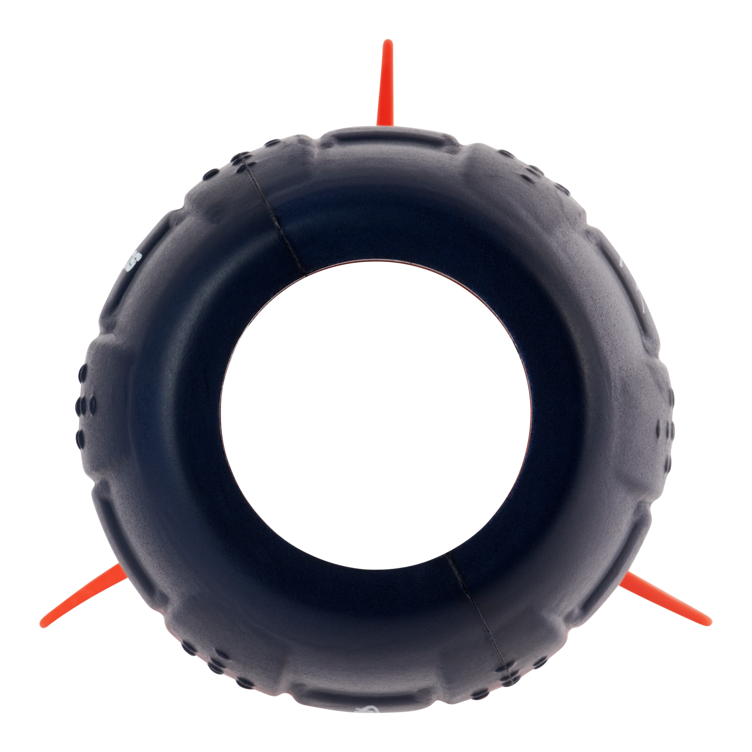 Czarna opona zabawka z trzema pomarańczowymi kolcami na białym tle.