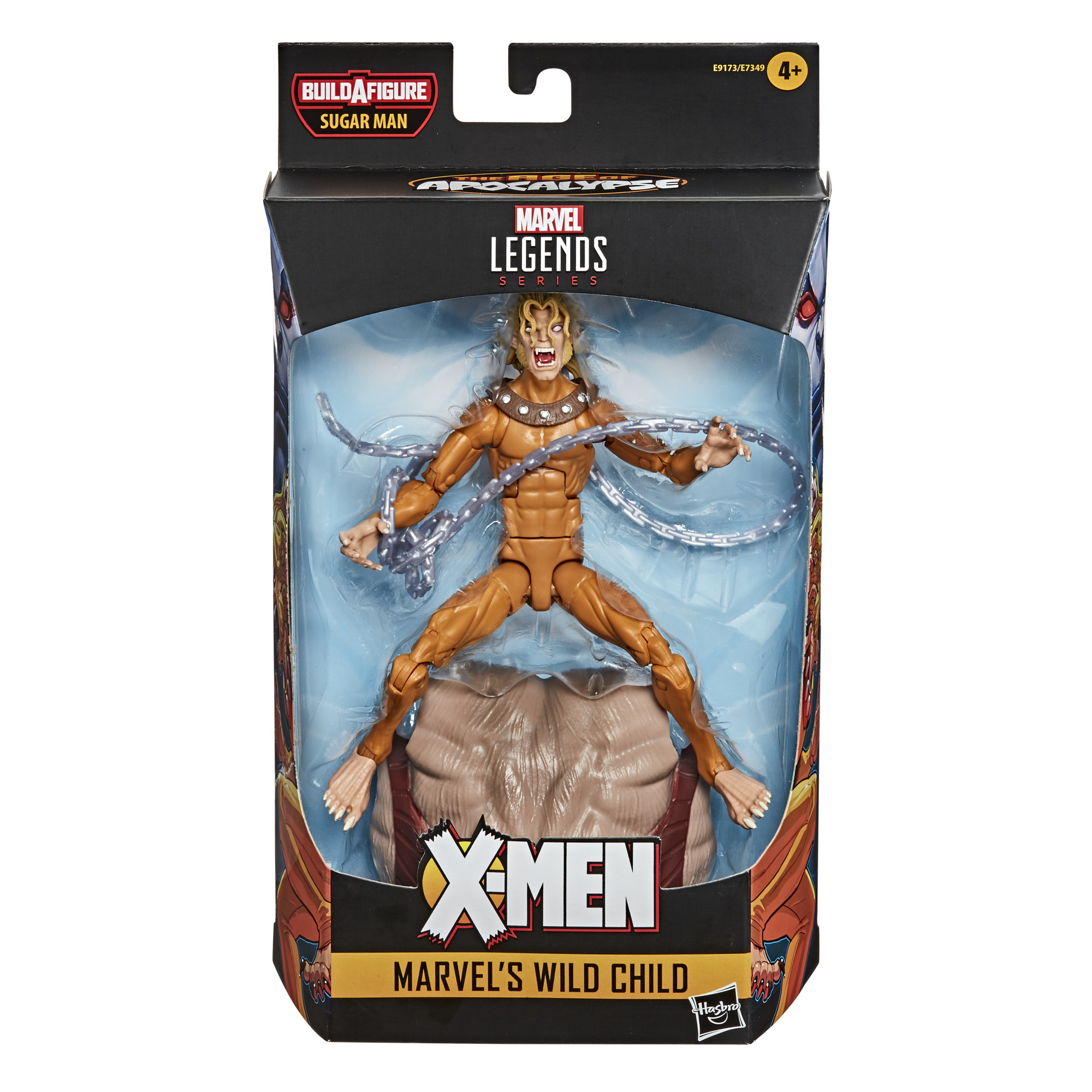 Action figure di Marvel's Wild Child nella confezione, un umanoide dalla pelle marrone con catene e logo Sugar Man.