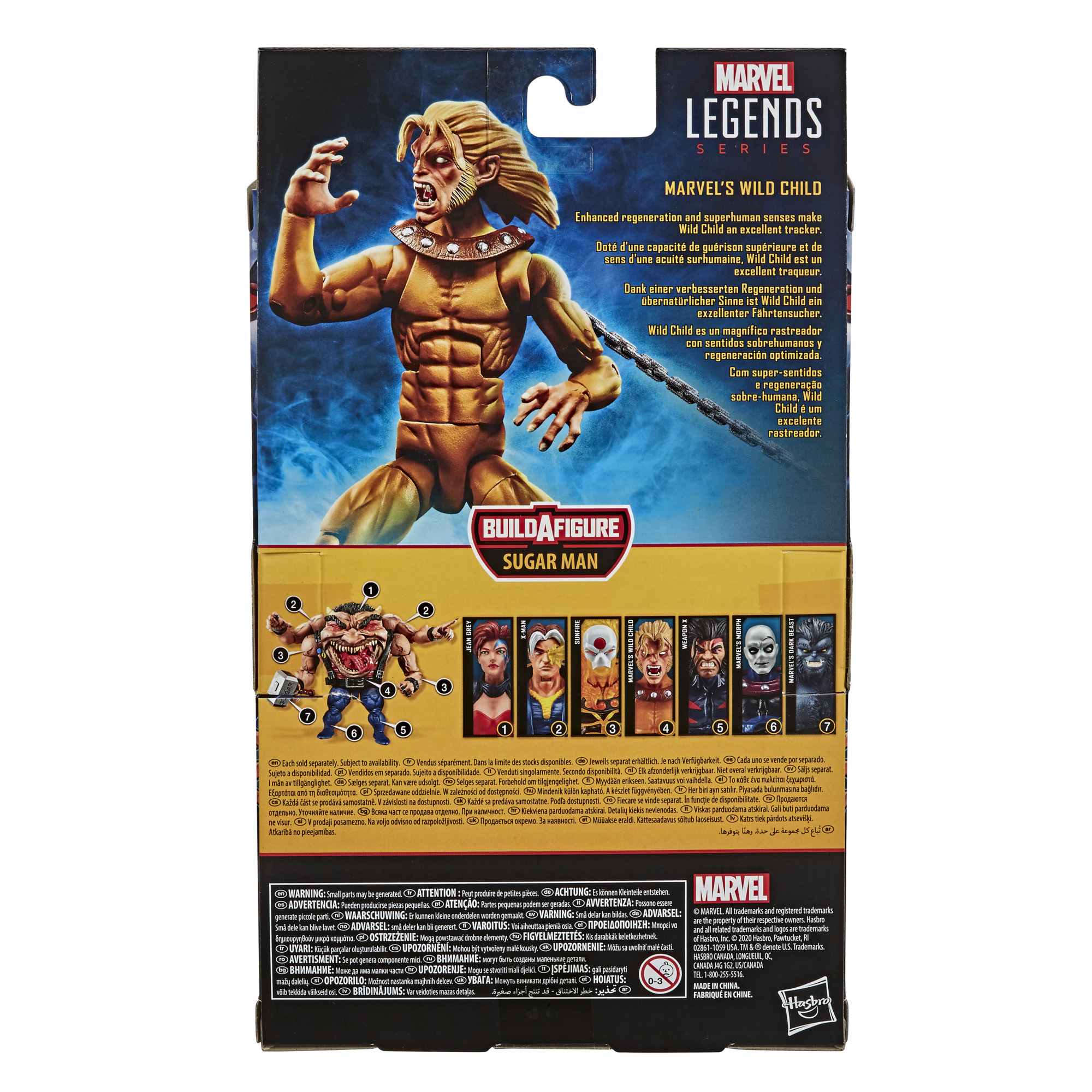 Retro di una scatola di action figure Marvel. Presenta un personaggio dalla pelle gialla con una catena e un personaggio Sugar Man build-a-figure.