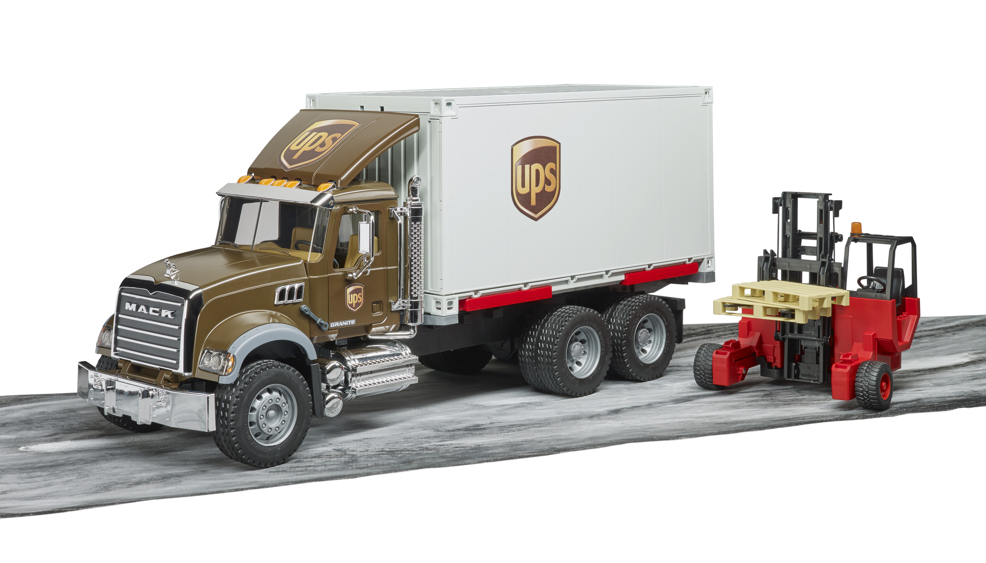 Ciężarówka UPS z kontenerem i wózek widłowy ładujący paletę. Ciężarówka i wózek są brązowe i czerwone.