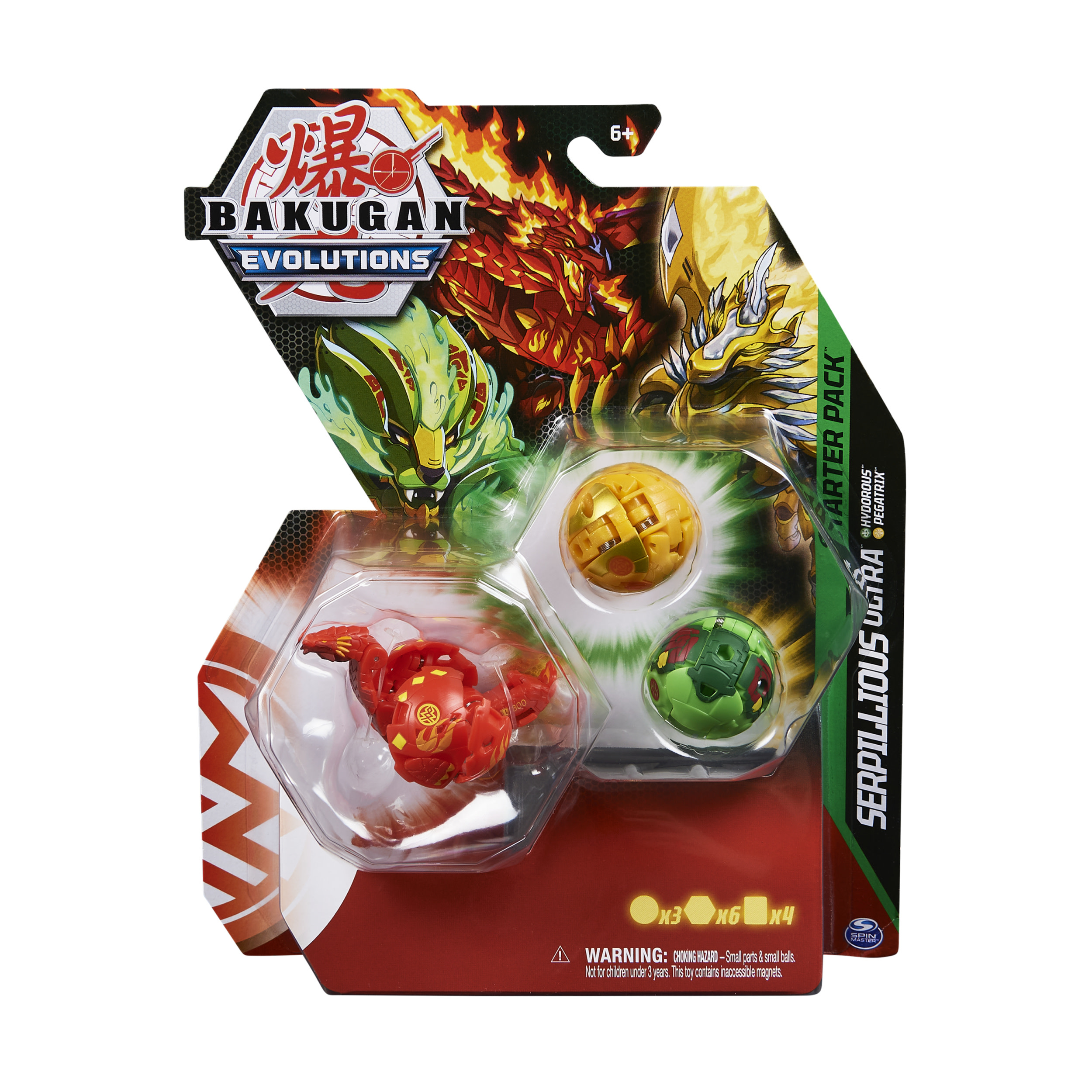 Zestaw startowy Bakugan Evolutions z kulami Bakugan, figurkami i sześciokątnymi kartami.