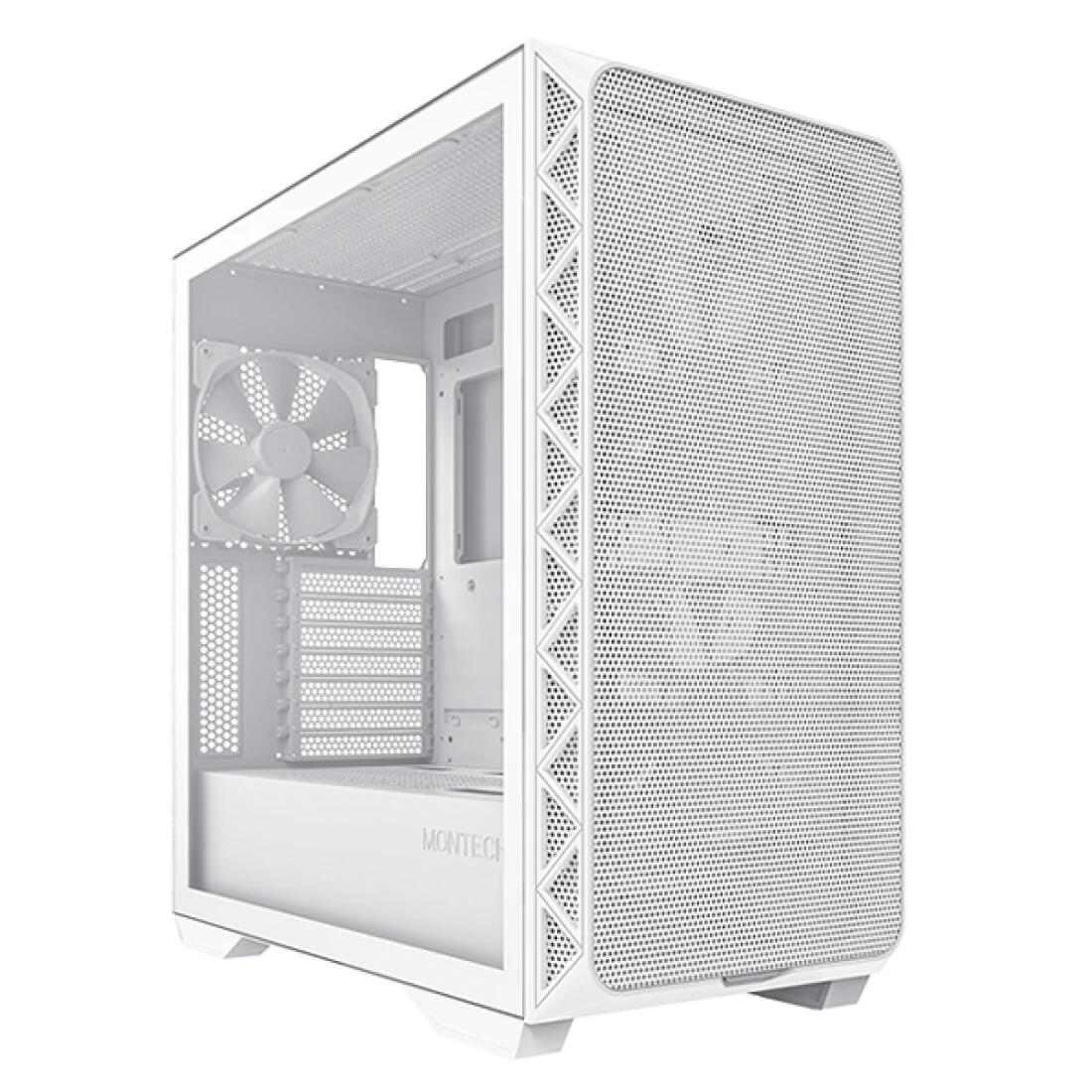 Boîtier d'ordinateur blanc avec un panneau latéral transparent. L'avant a un design en mesh.