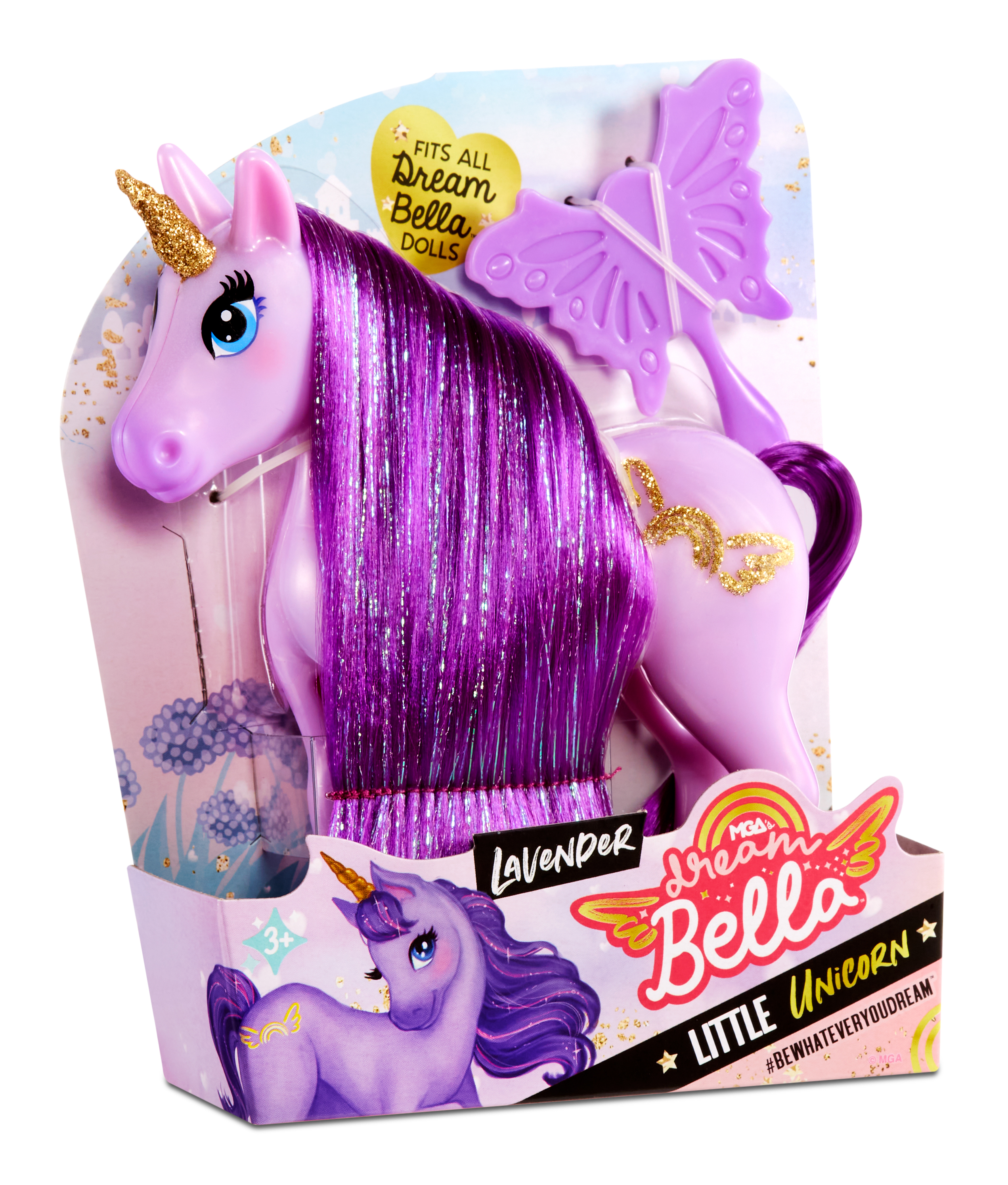 Lawendowy jednorożec zabawka z fioletowymi włosami, złotym rogiem i motylim grzebieniem, białe tło.