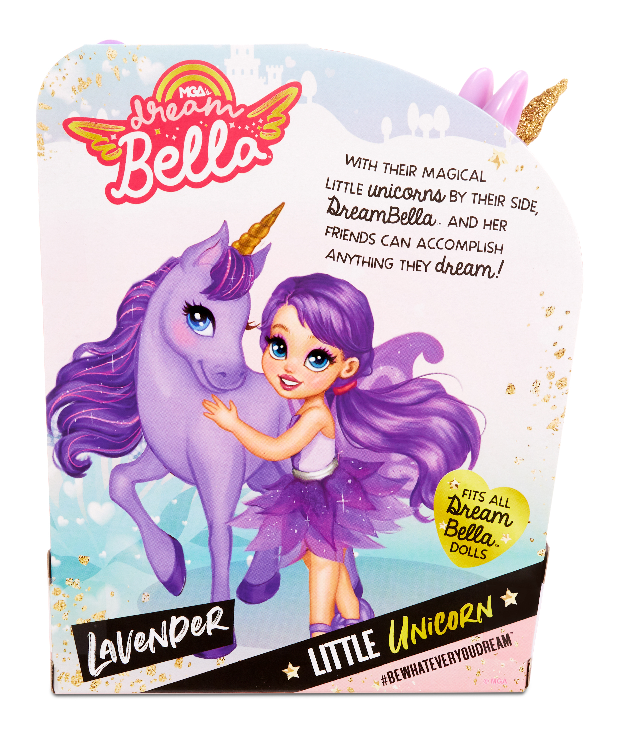 Pudełko Dream Bella przedstawia dziewczynkę z fioletowym jednorożcem. Tekst: Little Unicorn. Pasuje do wszystkich lalek Dream Bella.