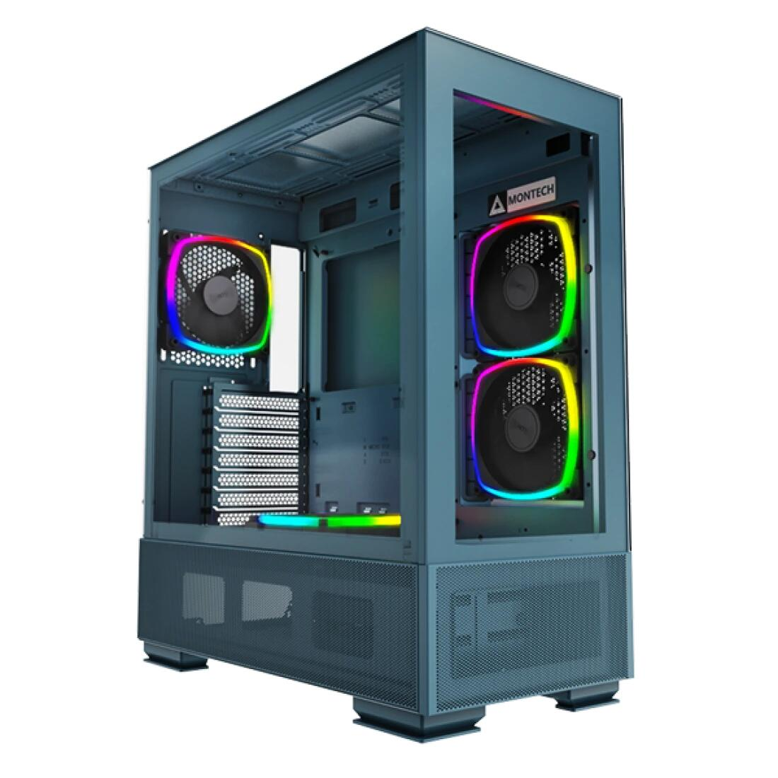 Case per computer con ventole. L'involucro è blu e ha ventole RGB. Le ventole sono illuminate con vari colori.