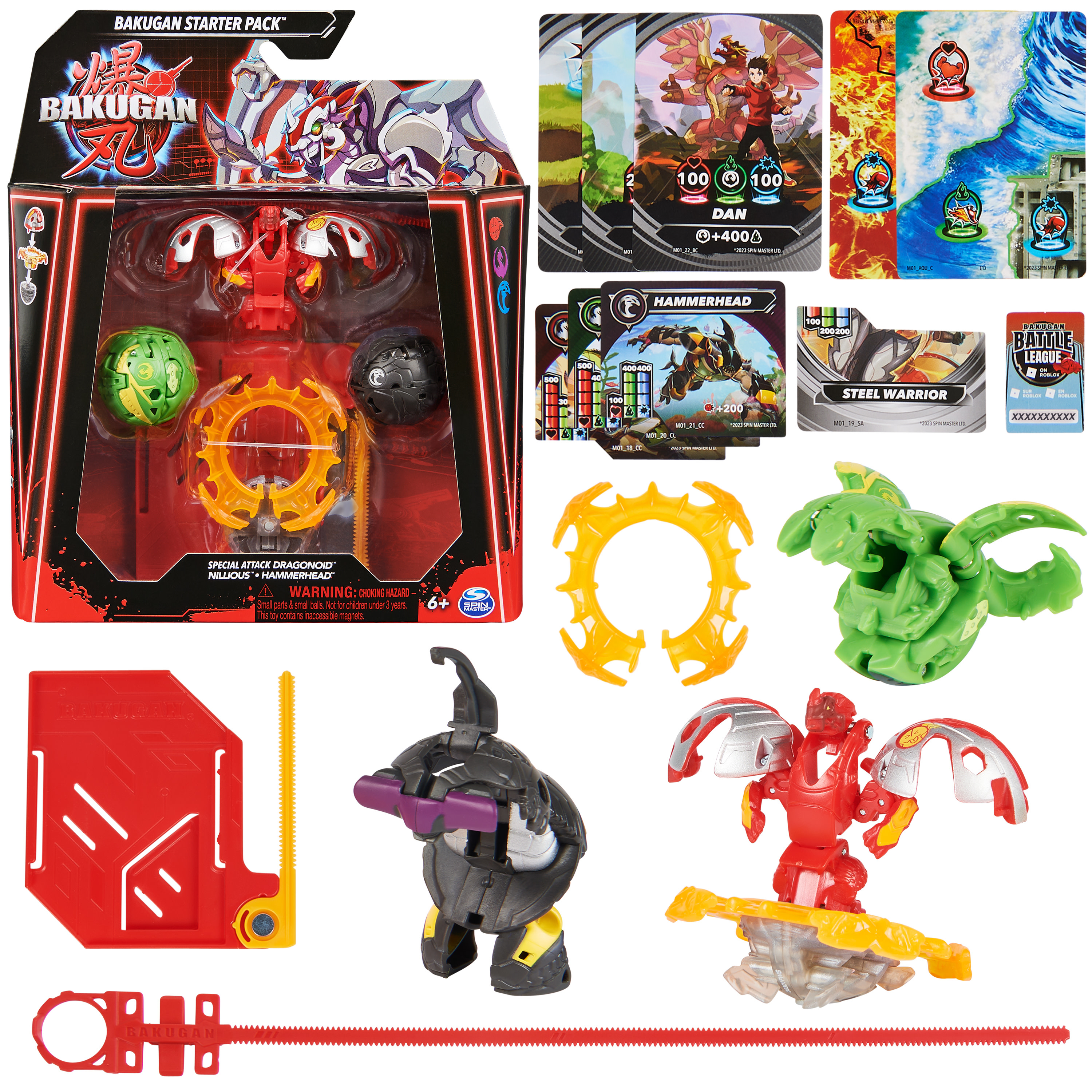 Zestaw Bakugan z różnymi figurkami, kartami i akcesoriami. Widoczne liczne figurki i karty Bakugan.