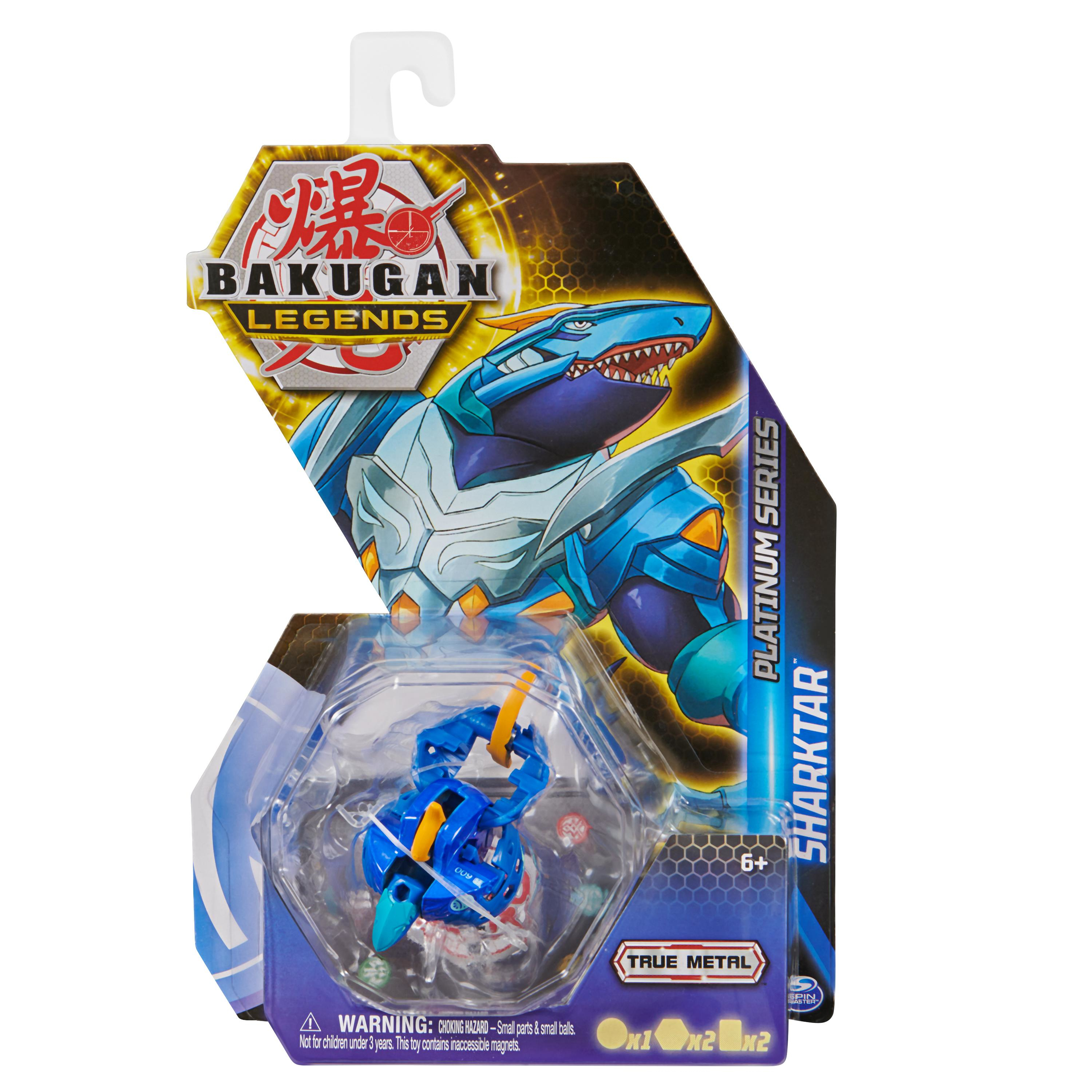 Bakugan Legends Platinum Series Sharktar, niebieska figurka w opakowaniu z kartami i tekstem.