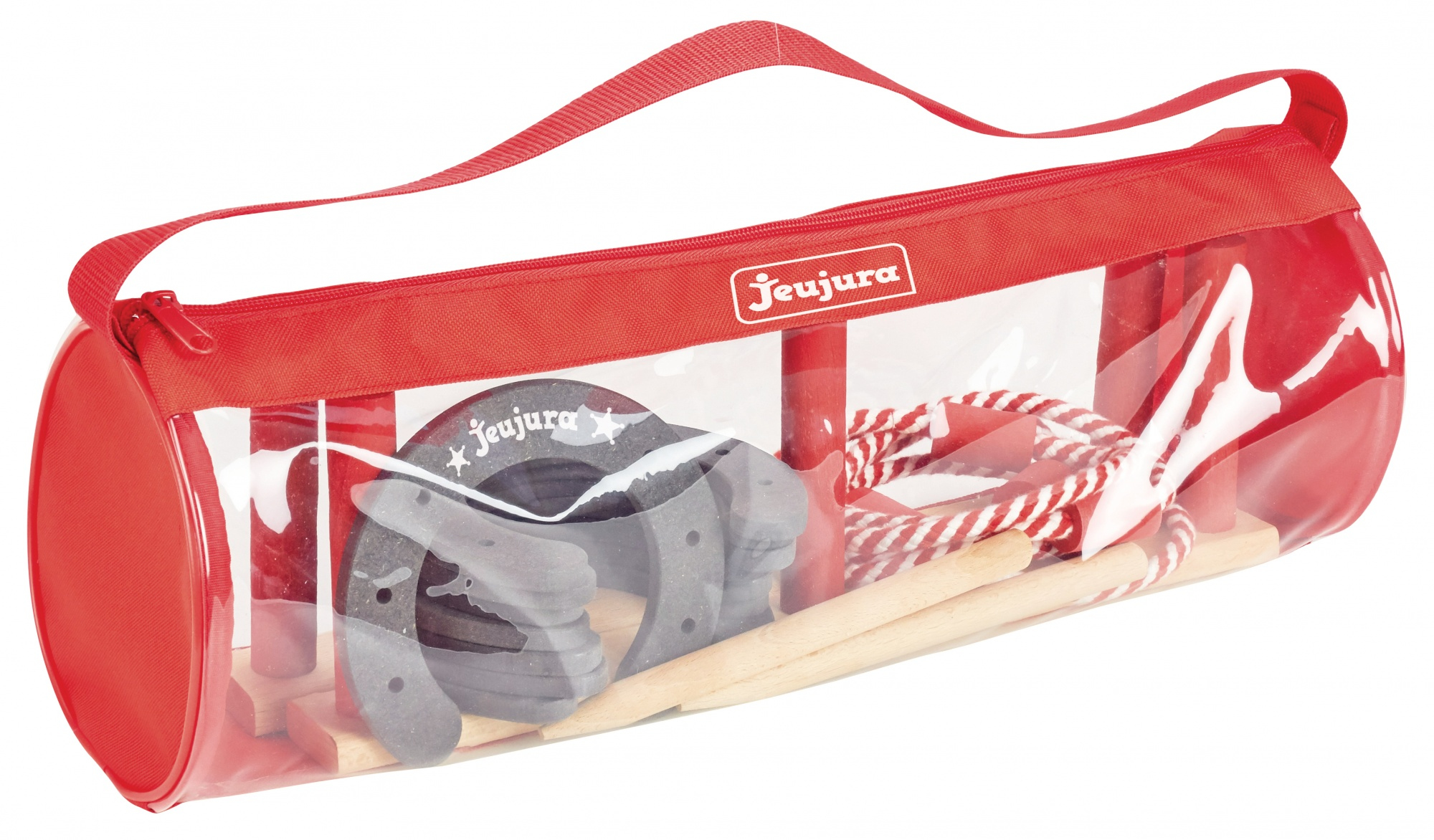 Czerwona cylindryczna torba z przezroczystym przodem, zawierająca drewniane i metalowe elementy zestawu do zabawy. Torba ma czerwony pasek.