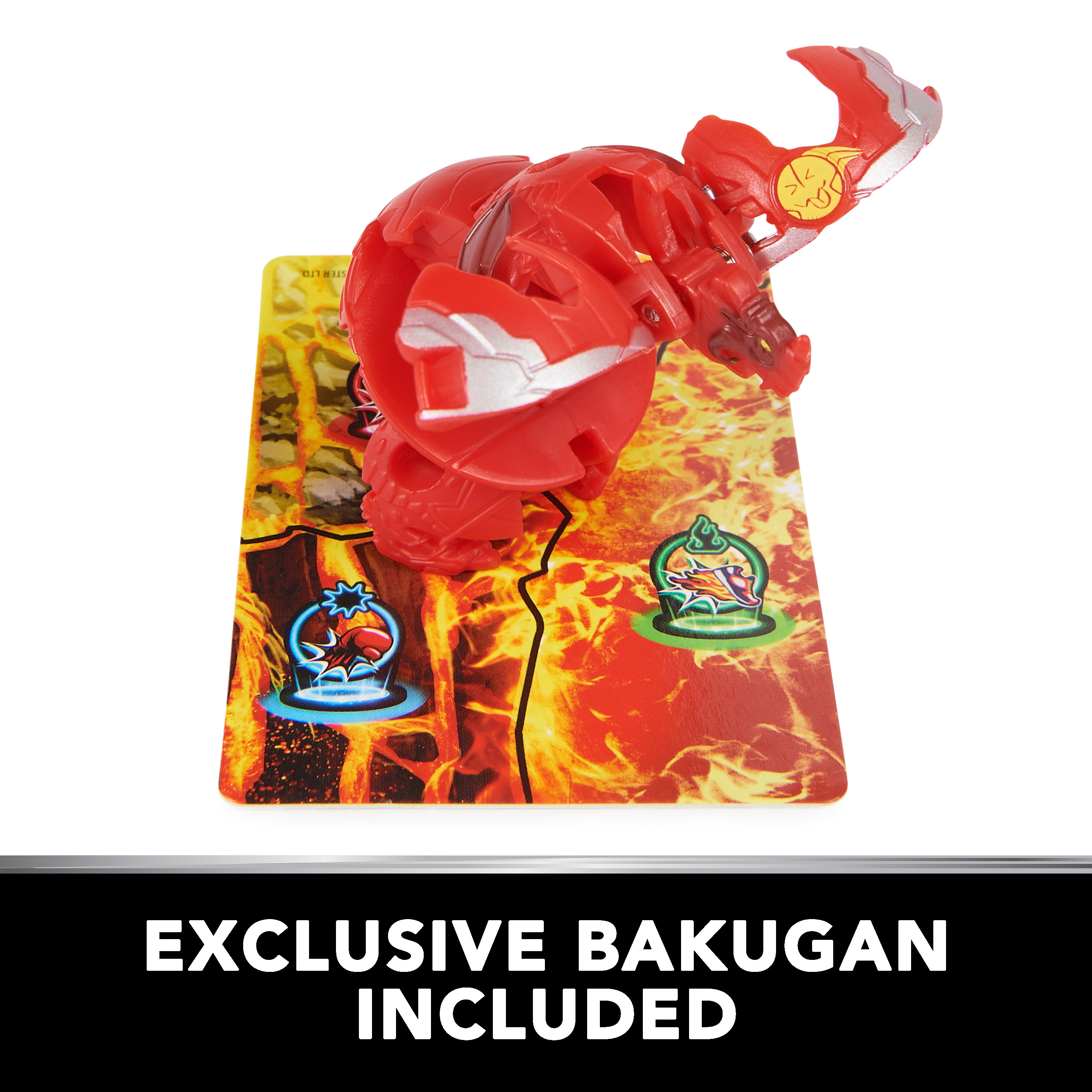 Un giocattolo Bakugan rosso nella sua forma aperta su una carta da gioco, con testo in basso.