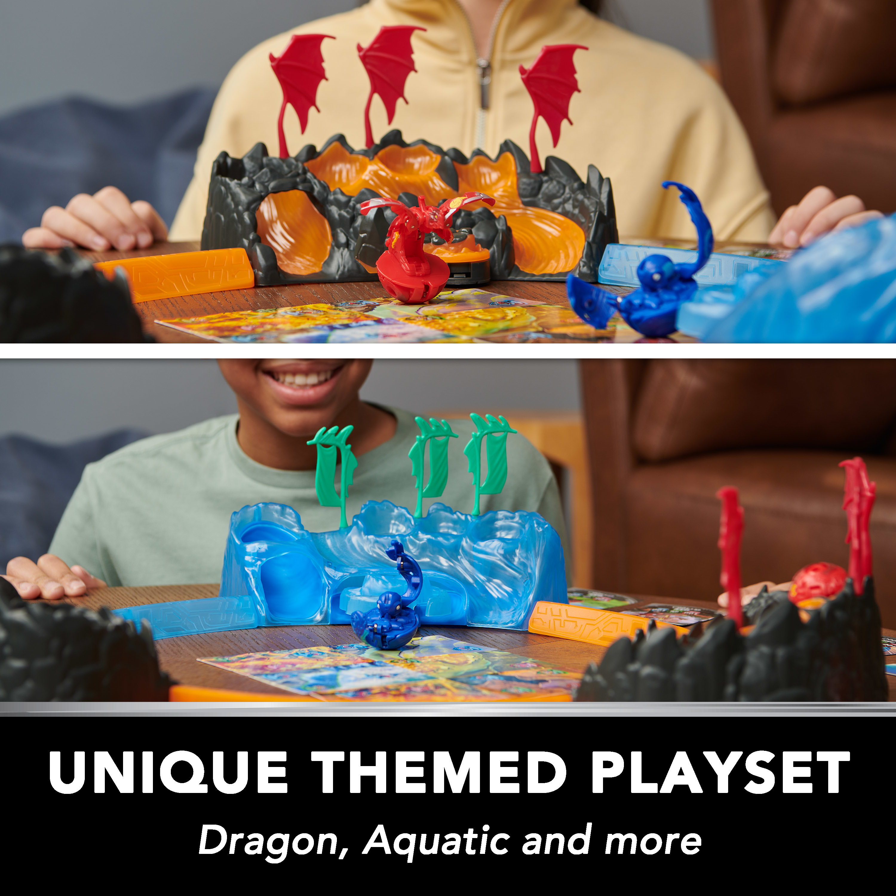 I bambini giocano con un set di giocattoli a tema drago. Include set di gioco con carte e figure.