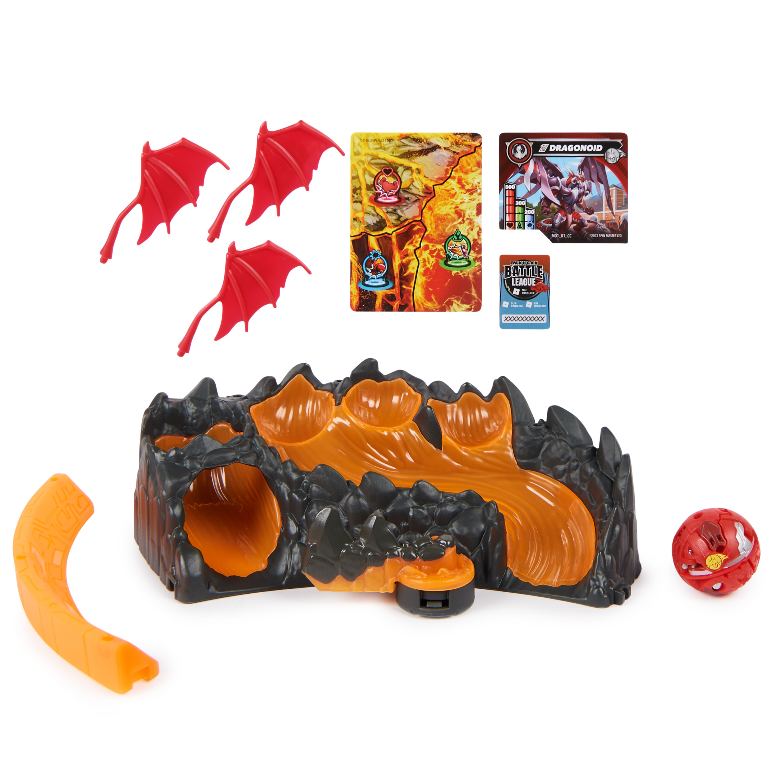 Un'impostazione del gioco Dragonoid con ali di drago rosse, carte della lega di battaglia e un set di gioco.