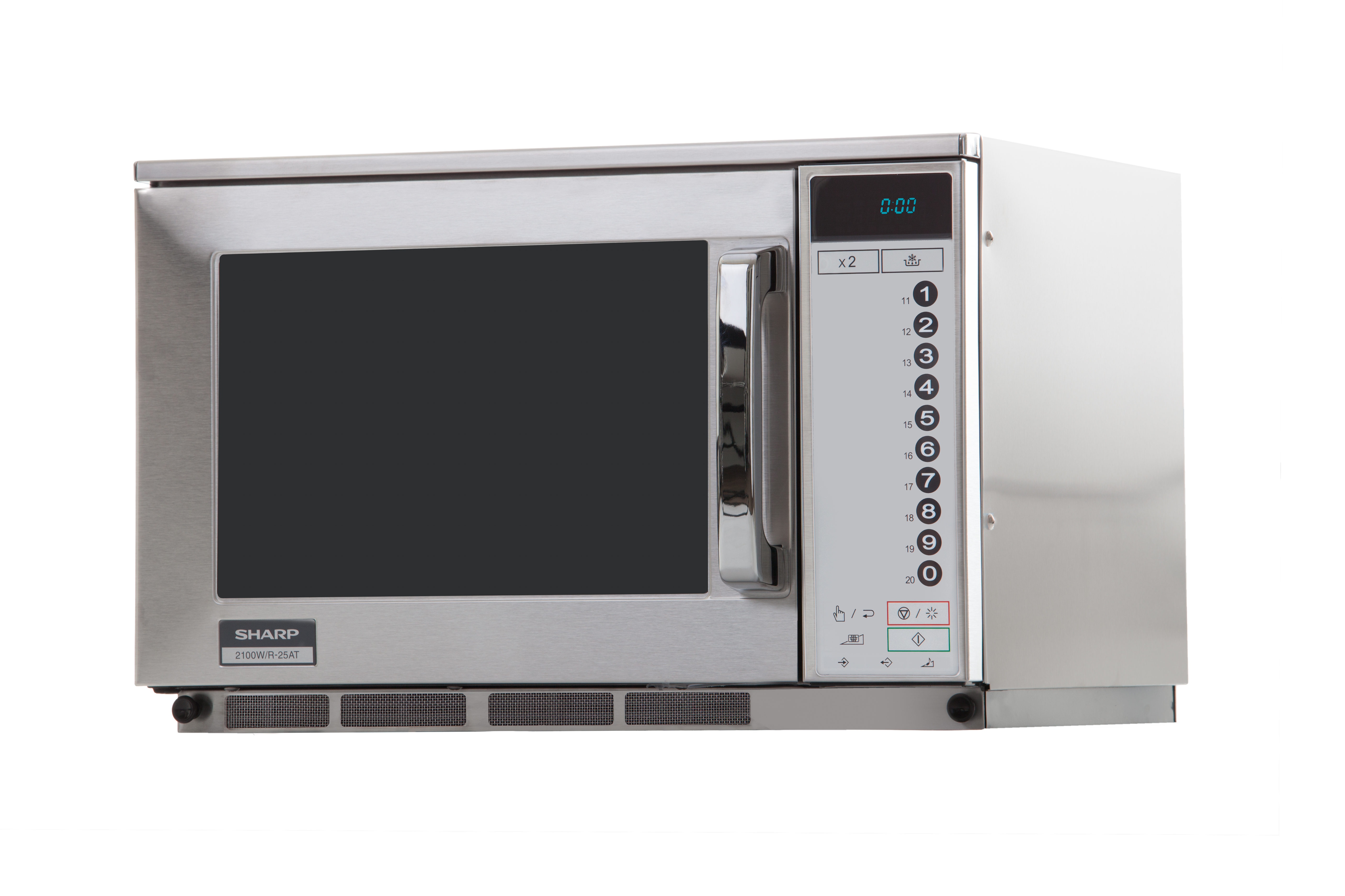 Kuchenka mikrofalowa Sharp ze stali nierdzewnej z czarnymi drzwiami i cyfrowymi elementami sterującymi.