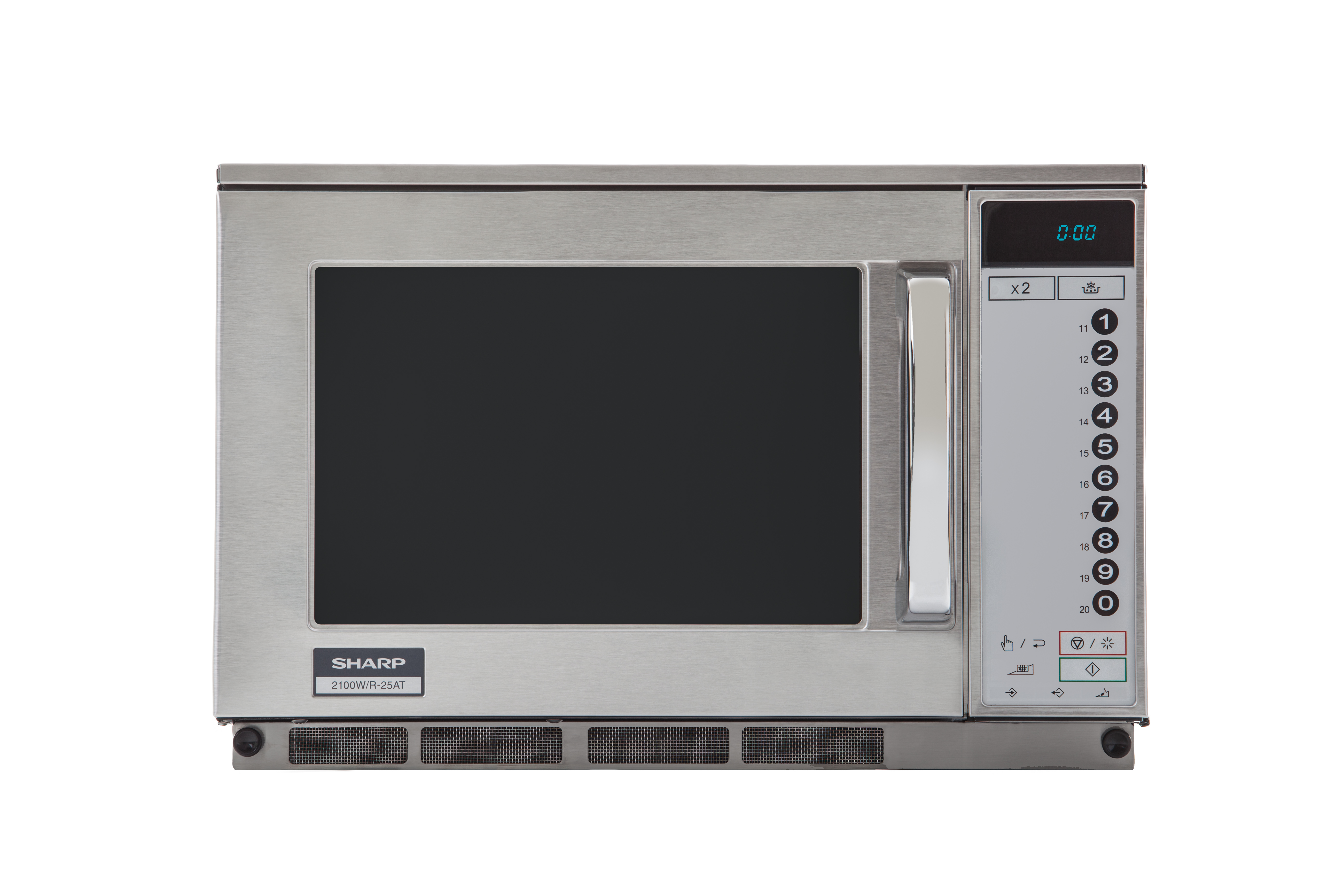 Kuchenka mikrofalowa ze stali nierdzewnej z wyświetlaczem cyfrowym, przyciskami i czarnymi drzwiami. Widoczne logo SHARP.
