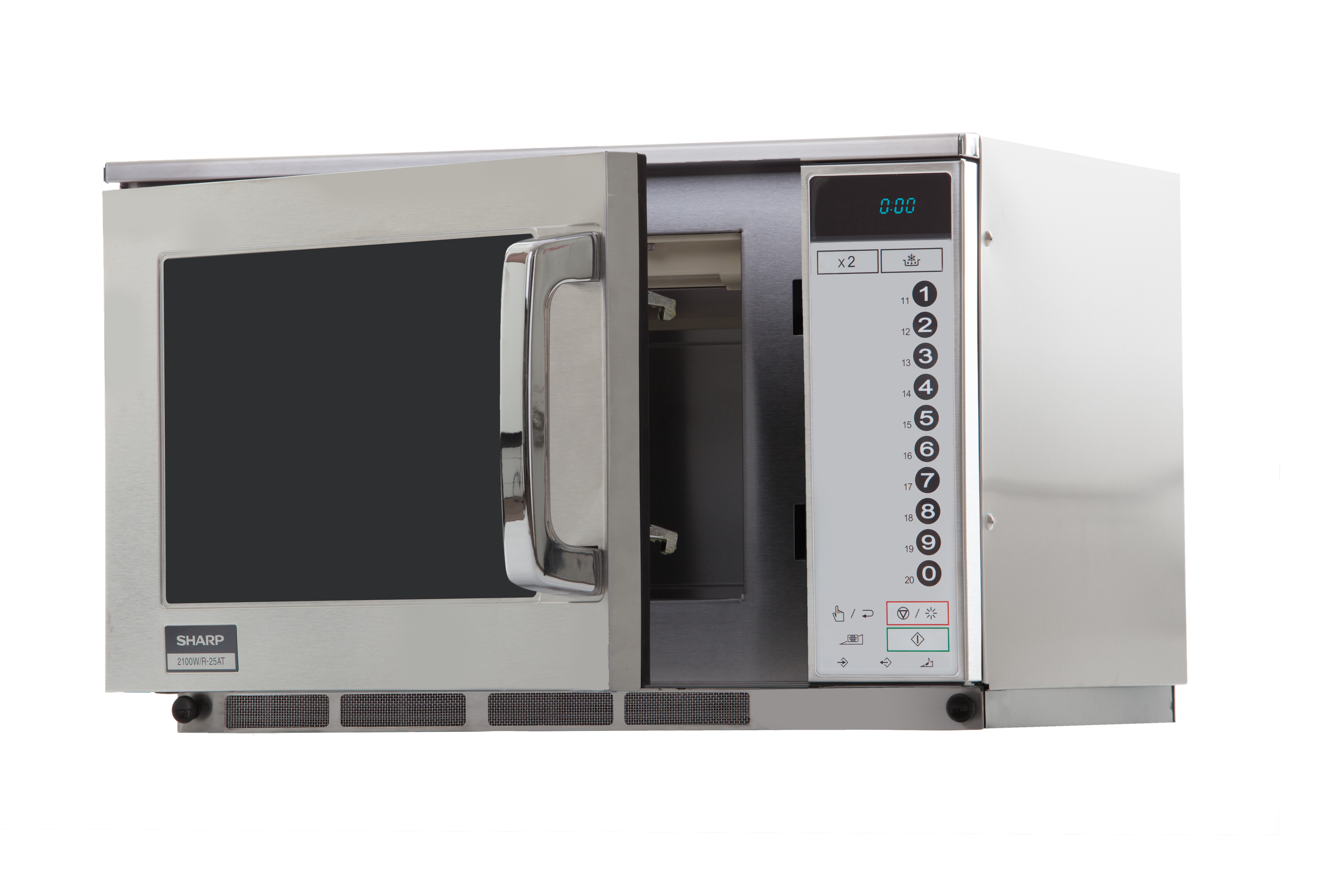 Kuchenka mikrofalowa Sharp, srebrna, z otwartymi drzwiami, pokazująca wnętrze.