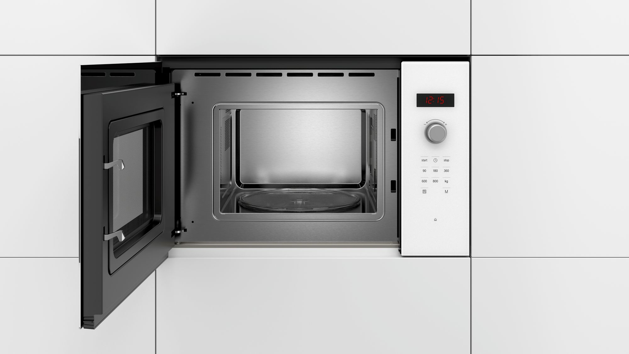 Un microondas blanco con puerta abierta, empotrado en un mueble blanco, interior visible.