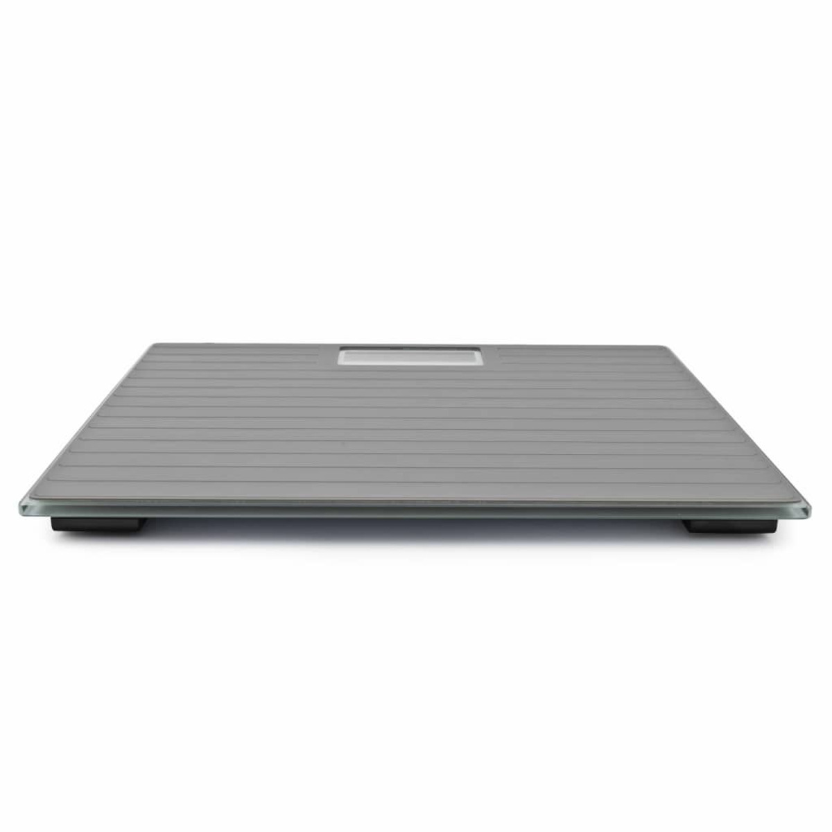 Une balance de salle de bain rectangulaire grise avec surface en verre et petite zone d'affichage.