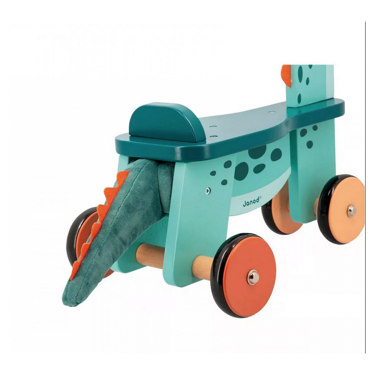 Holz-Dinosaurierspielzeug auf Rädern, tealfarbener Körper, orangefarbene Akzente und Schwanz.