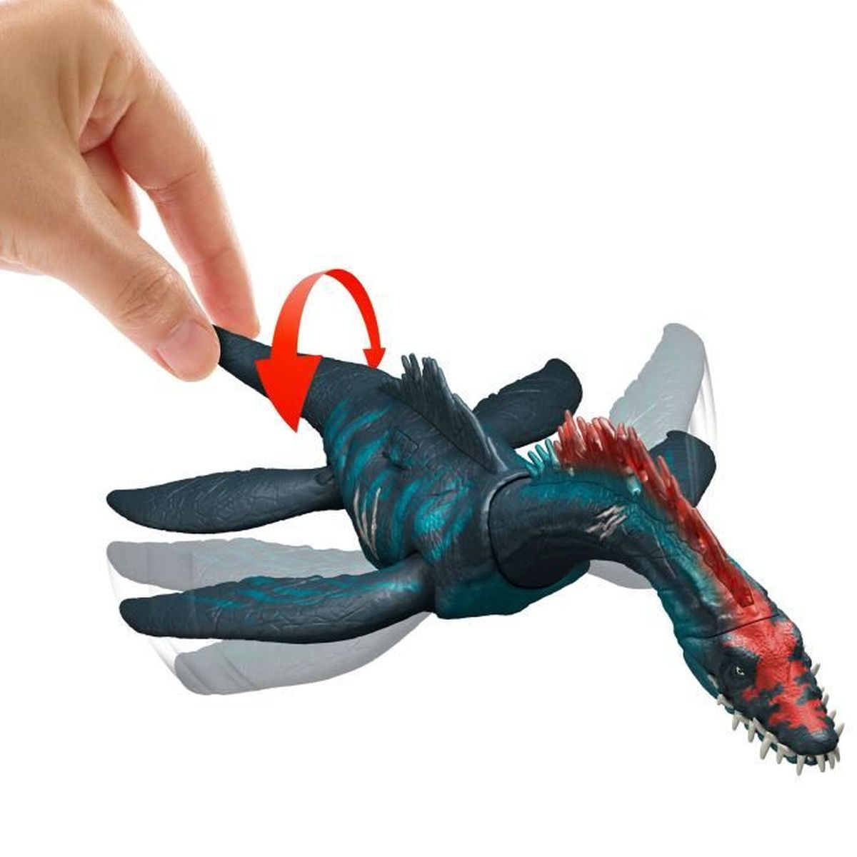 Un dinosaurio de juguete con espinas rojas, moviendo la cabeza y los brazos, sobre fondo blanco.