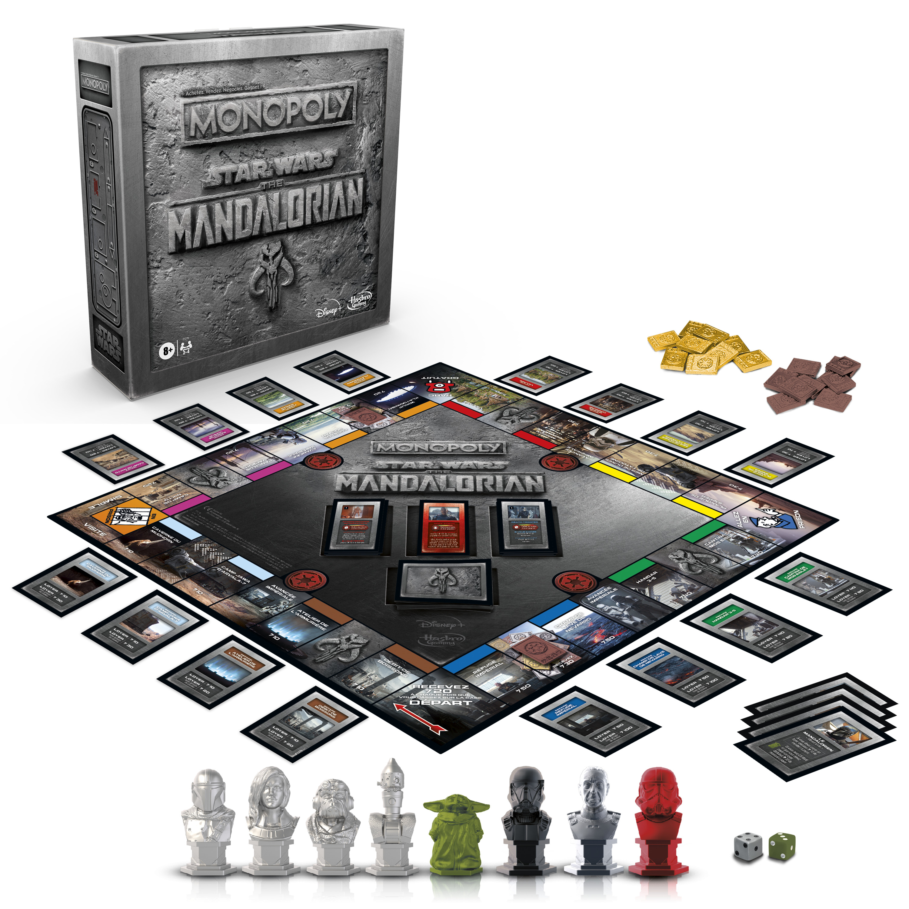 Monopoly: Star Wars The Mandalorian, pudełko i plansza, elementy gry i karty.