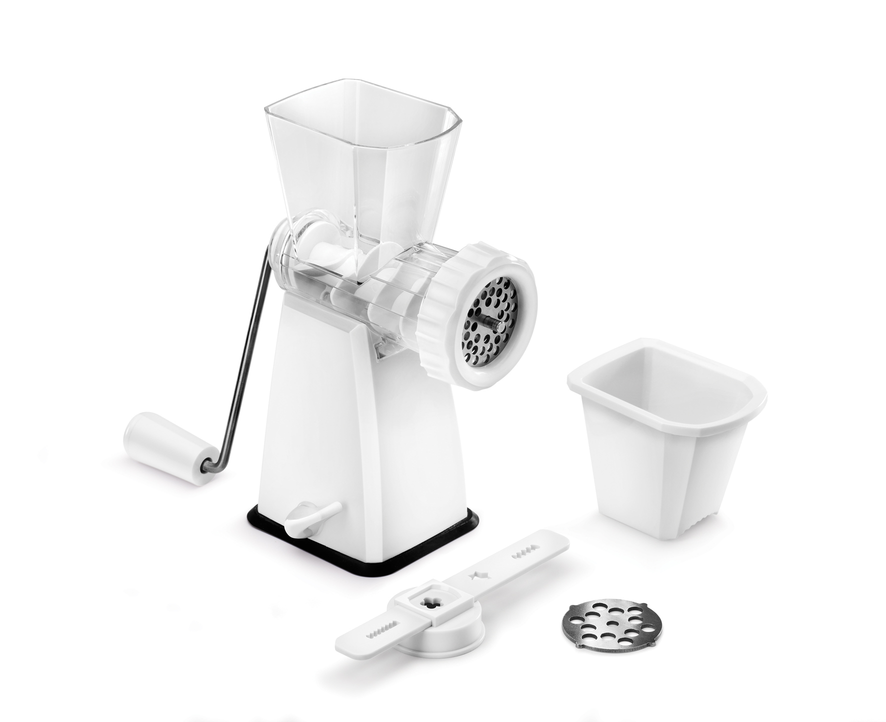 Biała maszynka do mięsa z uchwytem, pojemnikiem i ostrzem. Izolowana na białym tle.