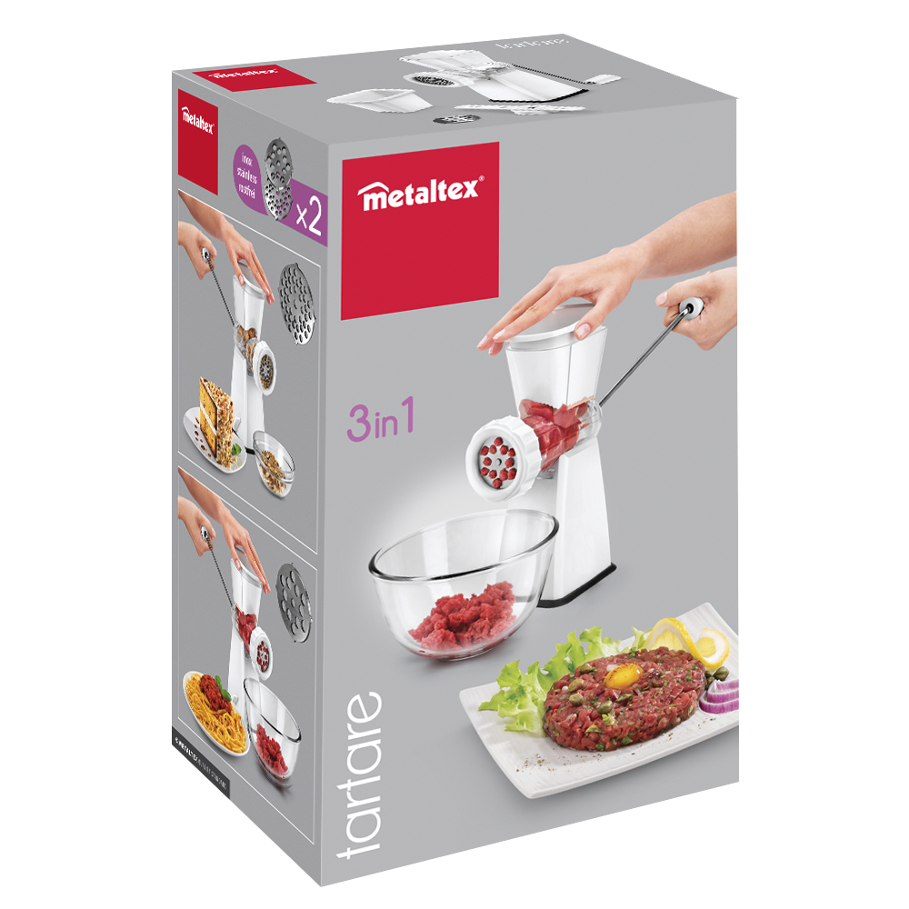 Pudełko przedstawiające maszynkę do mięsa z akcesoriami i jedzeniem. Posiada markę 'Metaltex'.