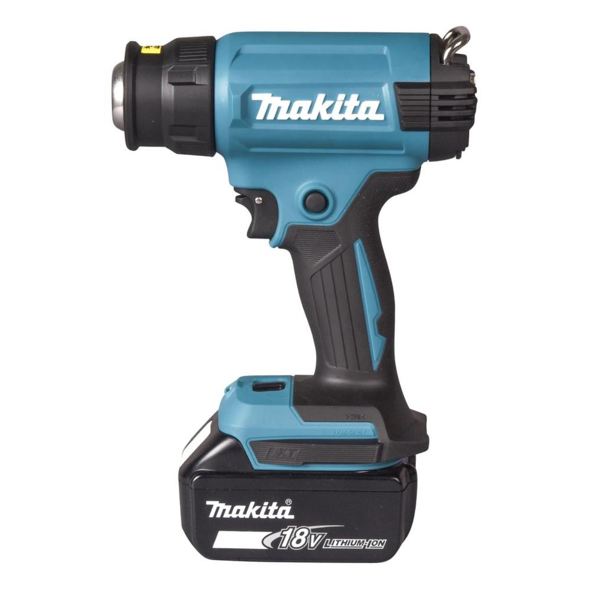 Eine türkisfarbene und schwarze Makita-Heißluftpistole mit angebrachter Batterie.