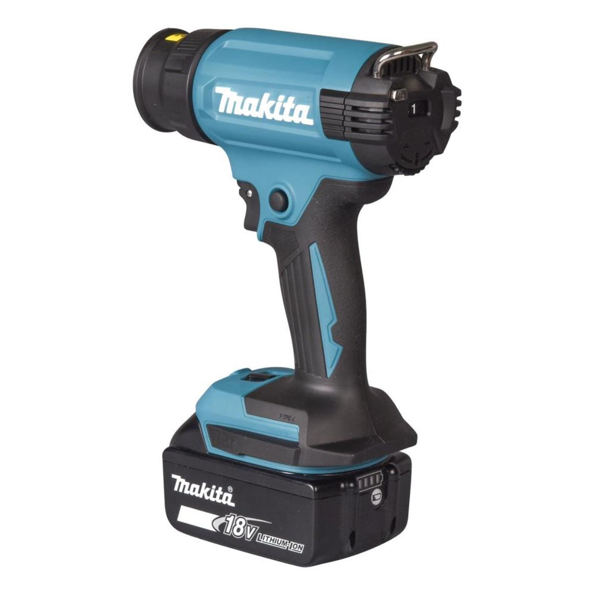 Eine türkisfarbene und schwarze Makita-Heißluftpistole mit angebrachter Batterie.