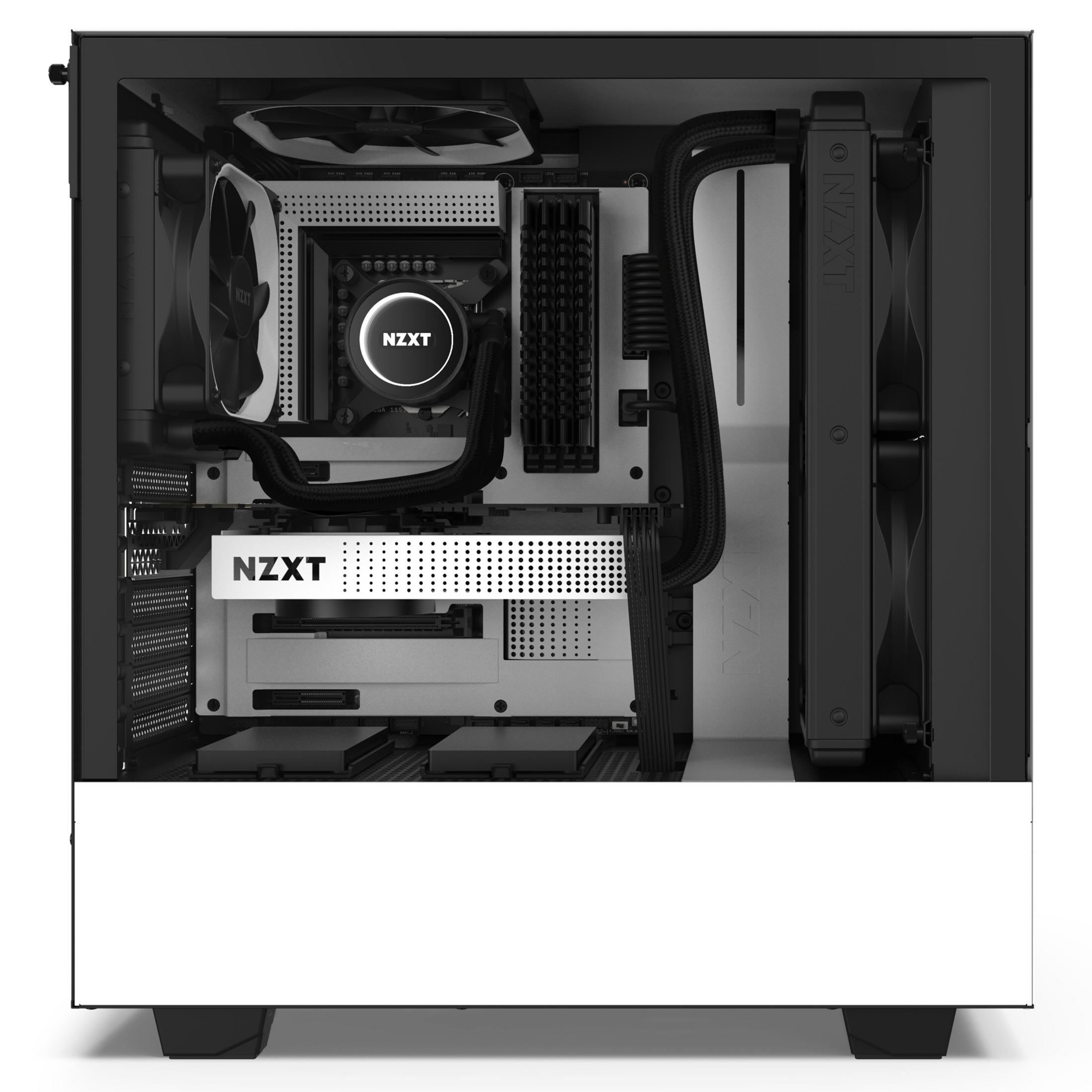 Case per computer con componenti interni visibili. Schema di colori bianco e nero.