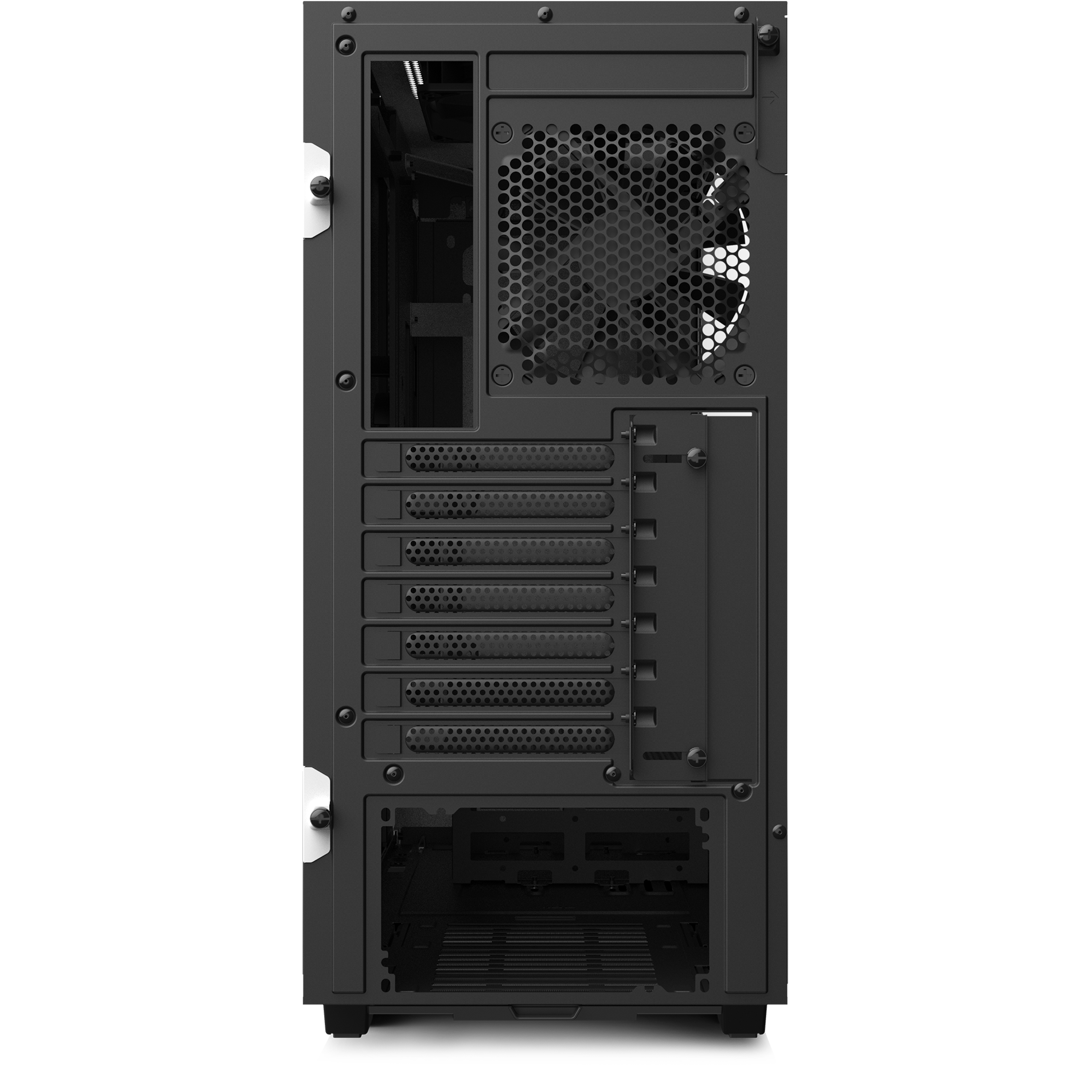 Retro di un case per computer nero con prese d'aria e porte.