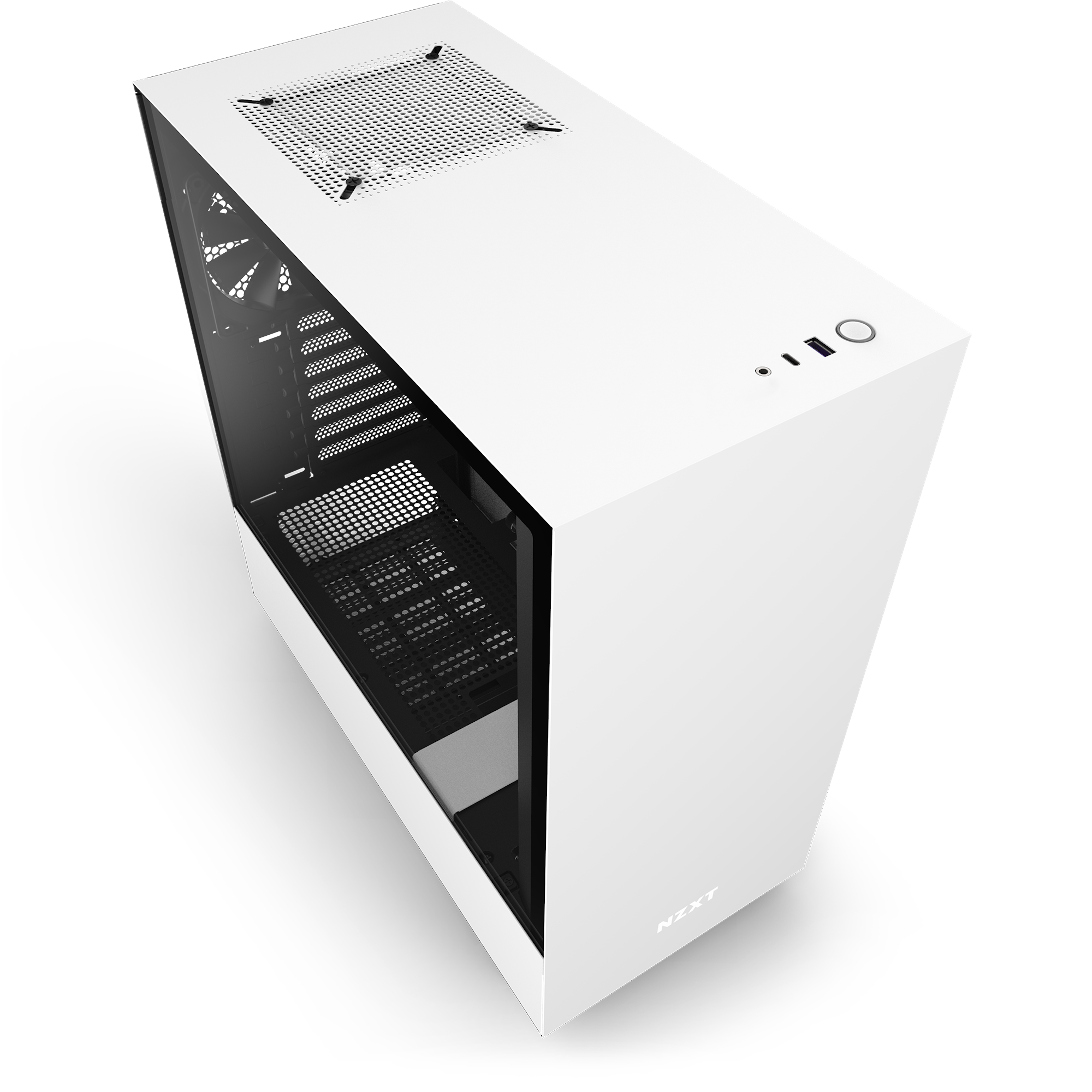 Case per computer bianco con un pannello laterale trasparente e il logo NZXT. Vista angolata.