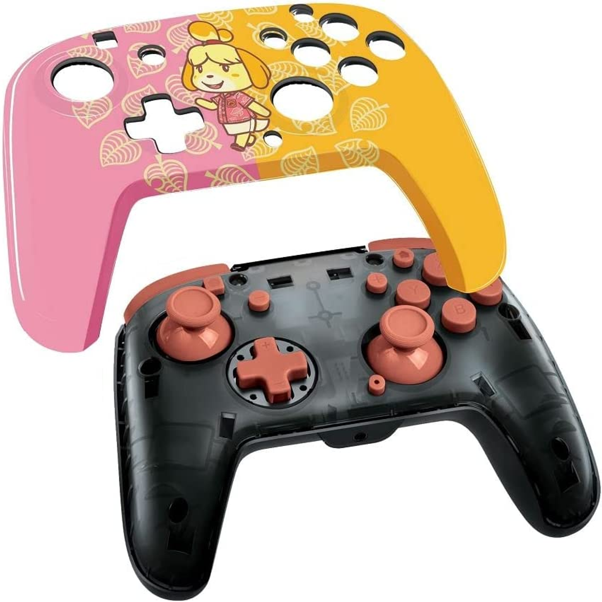Kontroler w stylu Animal Crossing z różowym i żółtym wzorem, z Isabelle i wzorami liści.