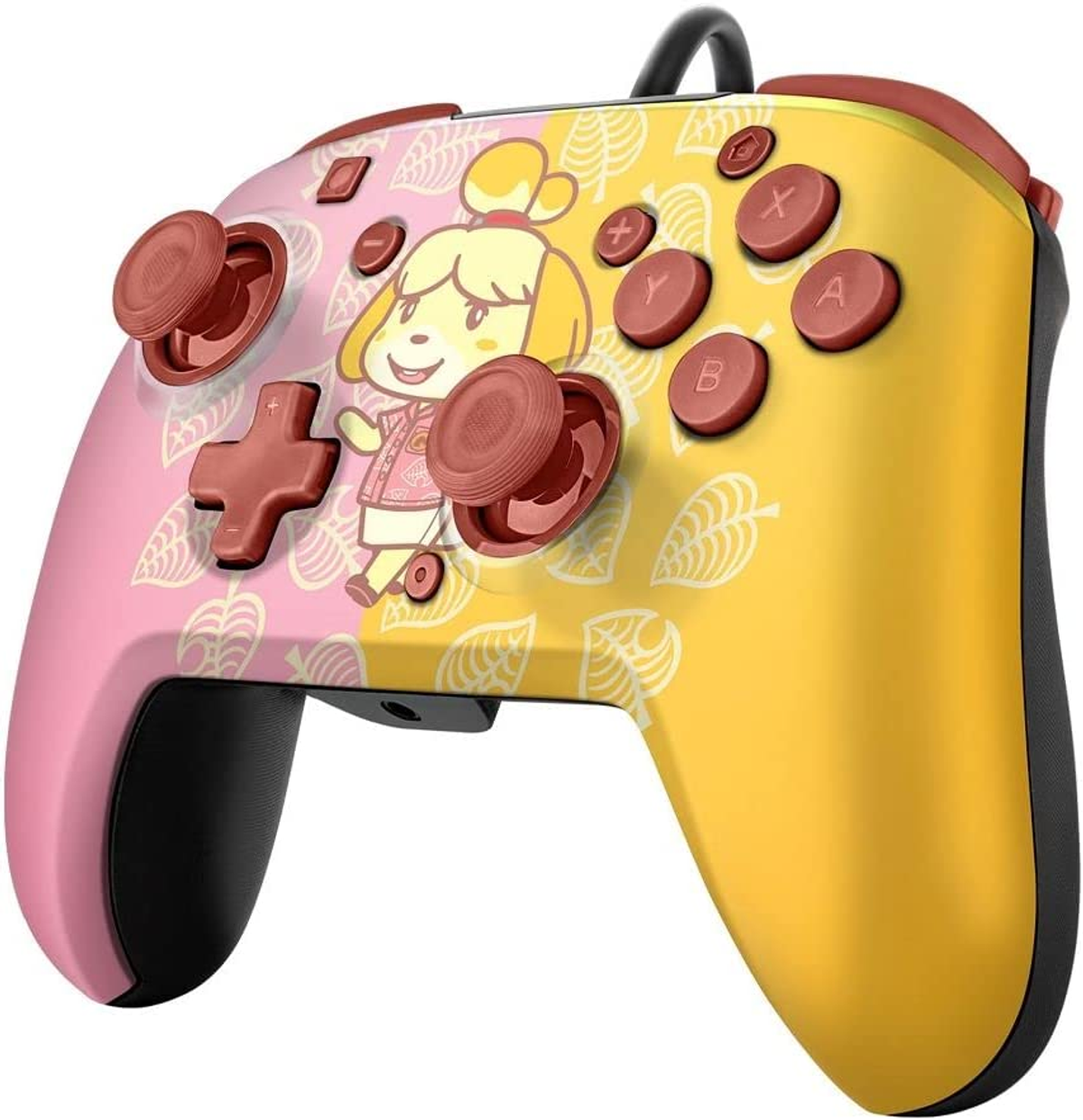 Kontroler Animal Crossing z Isabelle, różowym i żółtym wzorem, pokazujący przyciski i joystick.