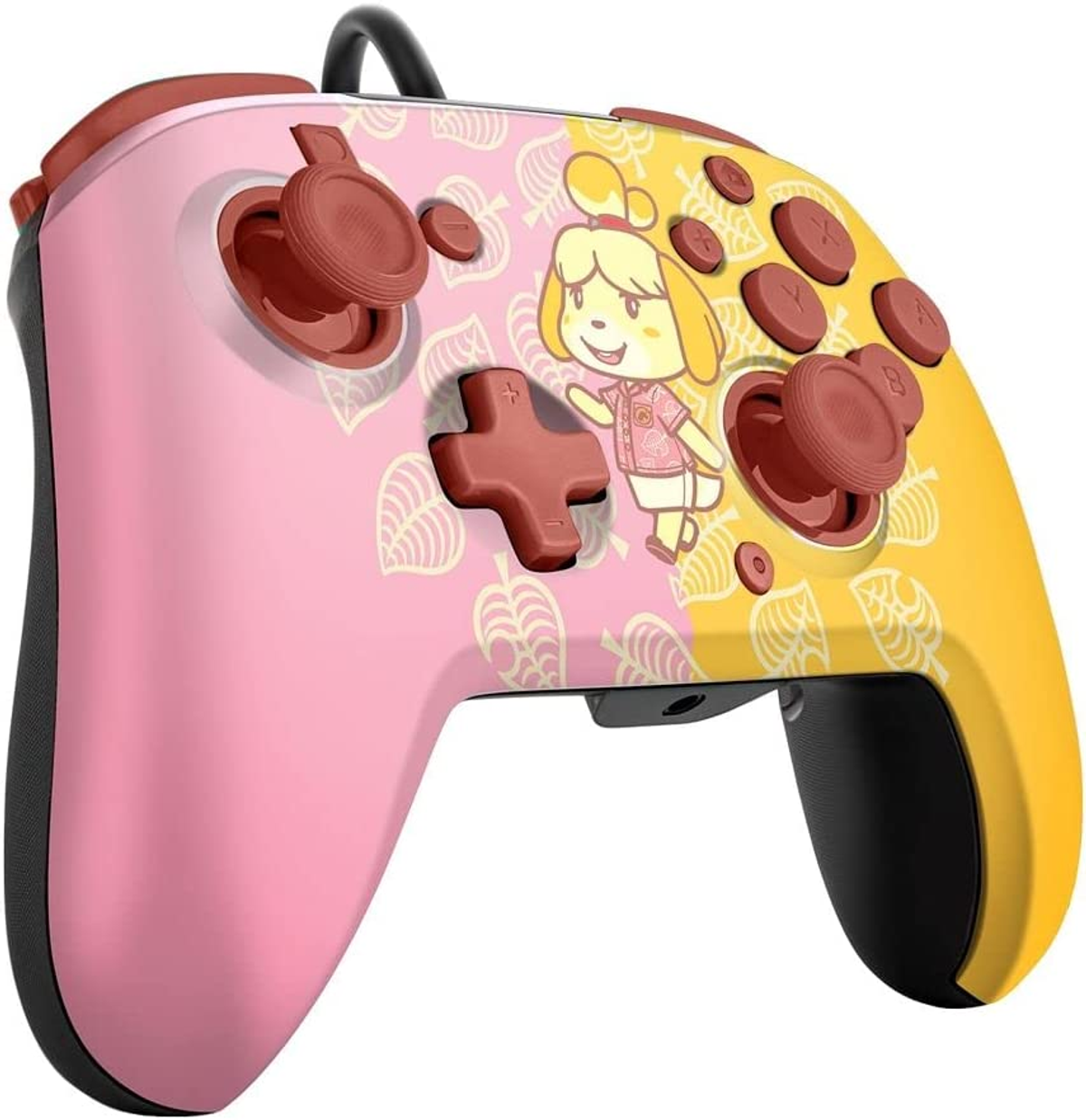 Różowo-żółty kontroler Nintendo Switch z designem Isabelle. Posiada przyciski i joysticki.